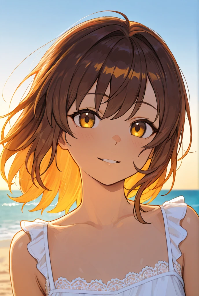 adorable, seaside, japanese school girl, (portrait, close-up:1.1),scrunchie, ( cheek,glossy lips:1), (sexy swimwear, suggestive ), looking at viewer, ,sweaty, (baby face, cute), ( grin:0.7), (pale skin:1.2), , sunset, catch_light,