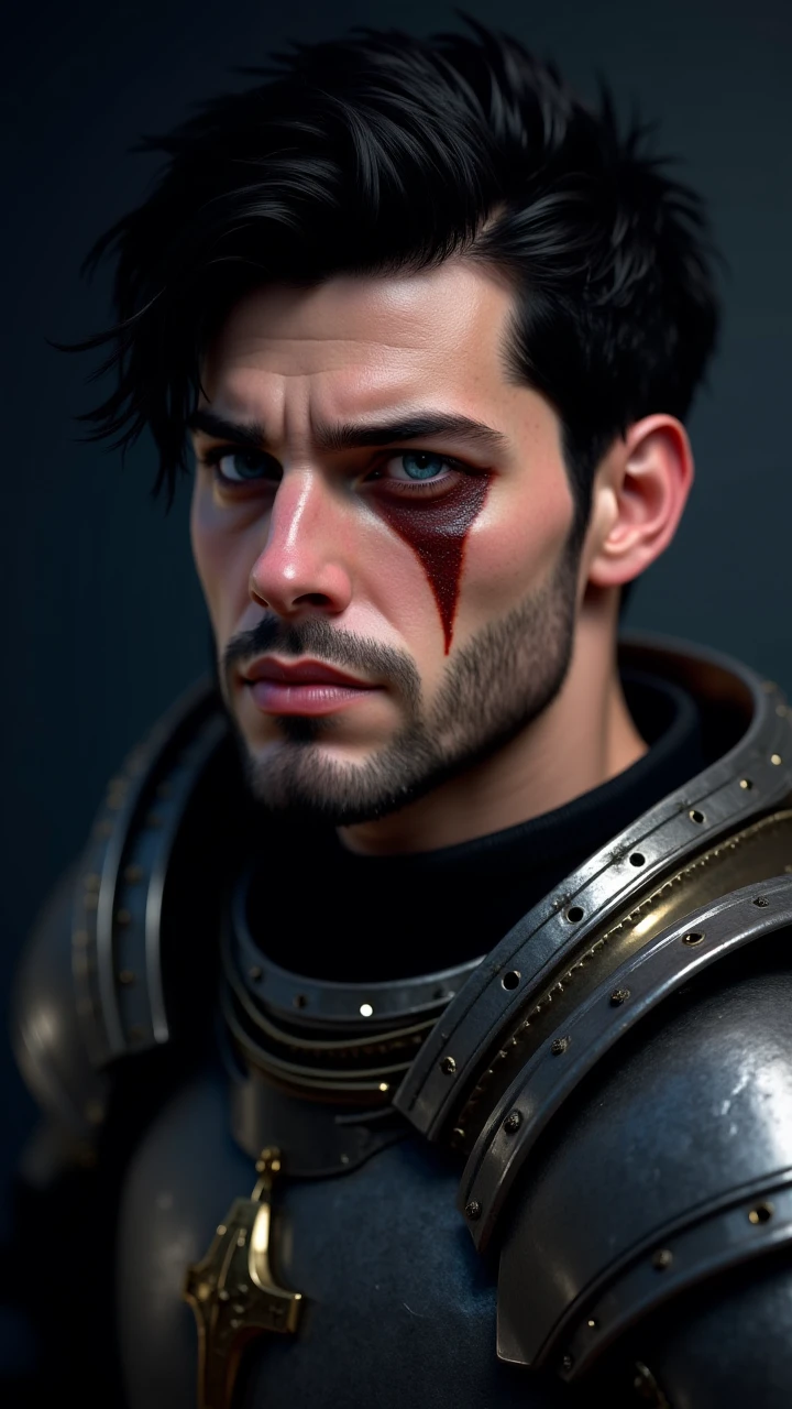 score_9, score_8_up, score_7_up, score_6_up, photorealistic, half body photo, male, space marine, short hair, gray hair, gray beard, muscular, space armor, (bloody armor), blood drops on face, in hot desert, looking at viewer, stern look, depth of field, bokeh