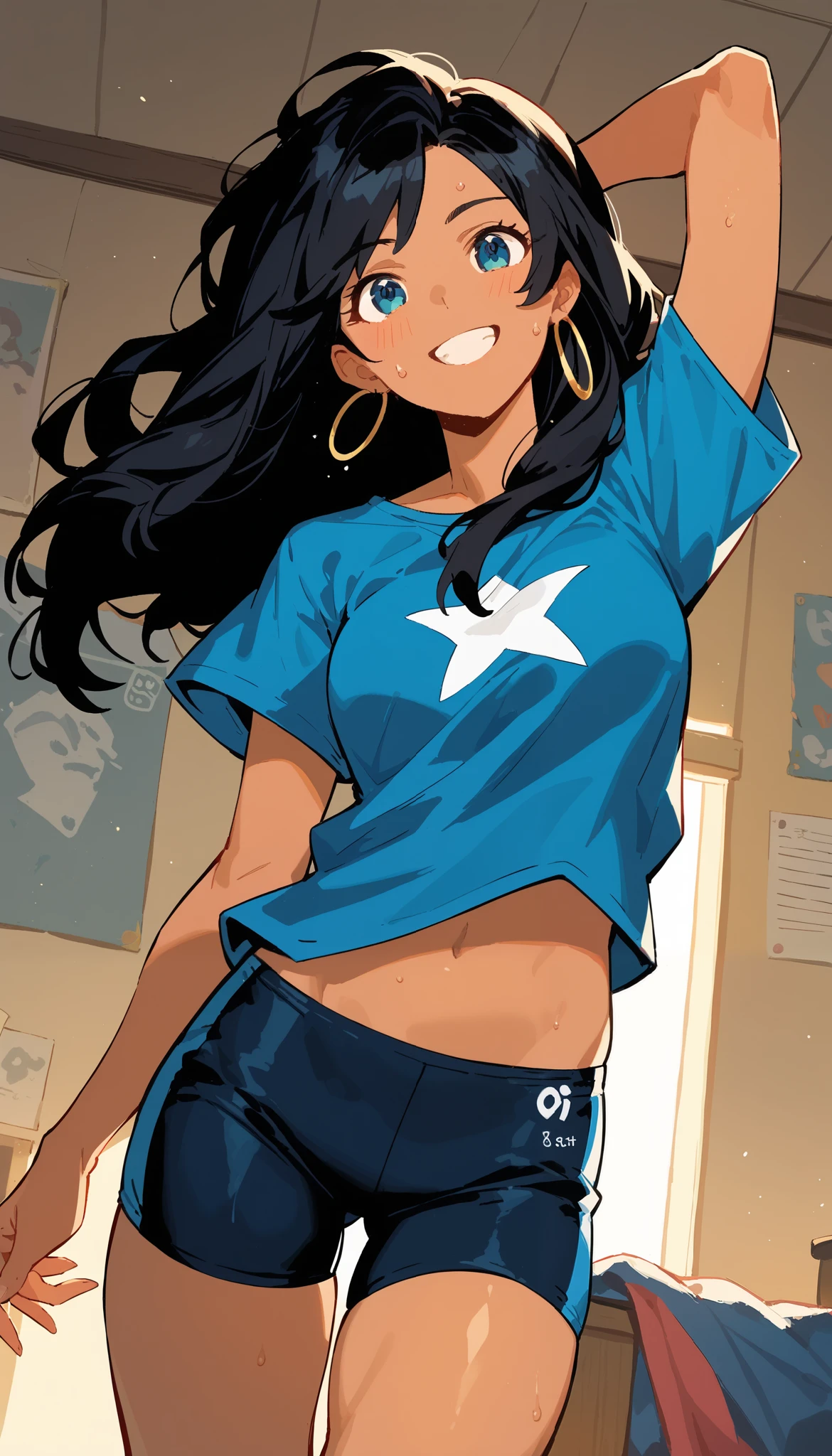 ((masterpiece,best quality))
{ Gurihiru_aertstyle_LoRA }
{ 1girl, amechavez, black hair, dark skin, long hair, perfectly shaped breast, perfectly fit body, adult }
{ hoop earrings, bike shorts, blue shirt, bike shorts }
{ sassy pose, random angle } { devious_smile }} { sweating } { cute } { dark, messy room }