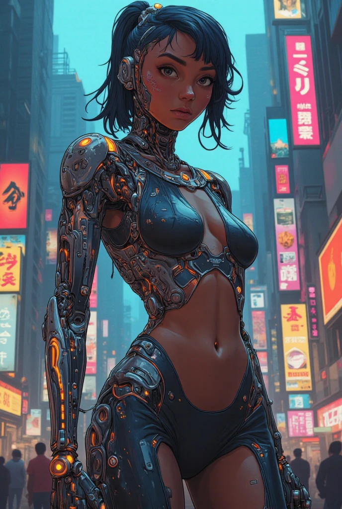 girl spacepunk,(((1girl))),((1 extremely cute and beautiful afro haired anime girl)),((((black race)))),
(large breasts:1.4),saggy breasts,((((black afro hair:1.35,((afro hair:1.35)),afrohair,afro:1.35,dark hair,black hair,)))),medium hair,((heterochromia,eye1 orange,eye2 red,perfect eyes,upturned eyes:1.3,beautiful detailed eyes,finely detailed beautiful eyes:1,big highlight on eyes:1.2)),((fat)),((((tan,dark skin,black skin:1.35,dark-skinned_female,dark skin:1.3,ebony skin,lustrous skin:1.5,bright skin: 1.5,shiny skin,very shiny skin,shiny body)))),(spider lower abdomen,narrow waist,wide hip,athletic body,inflated legs,delicate detailed fingers),((hand consists of a short thumb and four fingers,hand with just five fingers,(detailed face))),
cute,slutty,sensual,seductive look,seductive,erotic,enchanting,(((nsfw))),
zettai ryouiki,revealing clothing,show skin,(wearing a mechanical space body armor:1.3,micro bikini,bare legs),(detailed outfit,detailed clothes),
(dynamic pose:1.0),solo focus,embarrassed,centered,scale to fit dimensions,Rule of thirds,
outdoors,((night view)),(very pretty city neon synthwave,cyberpunk night street Background:1.5,dark sky,thick clouds),future vehicles,((neon lights)),thick clouds,(cyberpunk style,neon lights, (synthwave theme background), lonely street),(((detailed background:1.25))),
(best quality,high resolution,sharp focus,ultra detailed,extremely detailed,extremely high quality artwork,(realistic,photorealistic:1.37),8k_wallpaper,(extremely detailed CG 8k),(very fine 8K CG),((hyper super ultra detailed perfect piece)),flawless,(((masterpiece))),illustration,vibrant colors,(intricate),High contrast,Selective lighting,Double exposure,HDR (High Dynamic Range),Post-processing,Background blur,