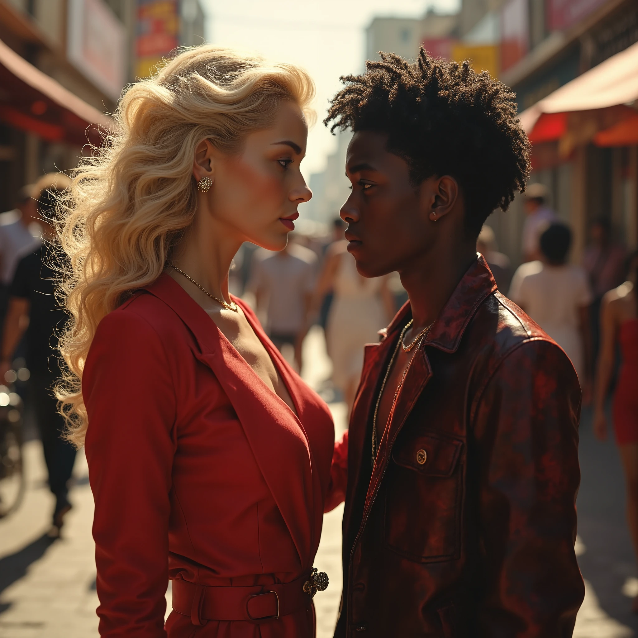 WOMEN IS A 45 YEAR OLD BLONDE milf cougar berberlly hills stile red clothes, she walks down the street with very joven adolescente negro, 13 años thug pelo rizado.