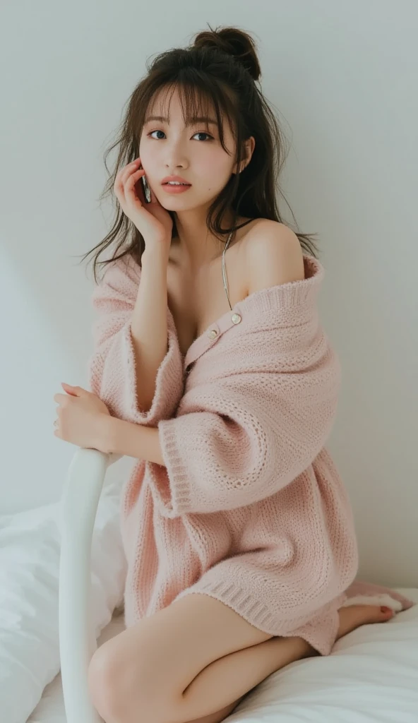 extremely detailed CG unity 8k wallpaper, best quality, ultra-detailed, masterpiece, realistic, photo realistic, extremely detailed cute girl, 25years old, blush, parted lips, dropping eyes, off-shoulder sweater, mini skirt, panty shot, looking at viewer , half body shot , bed