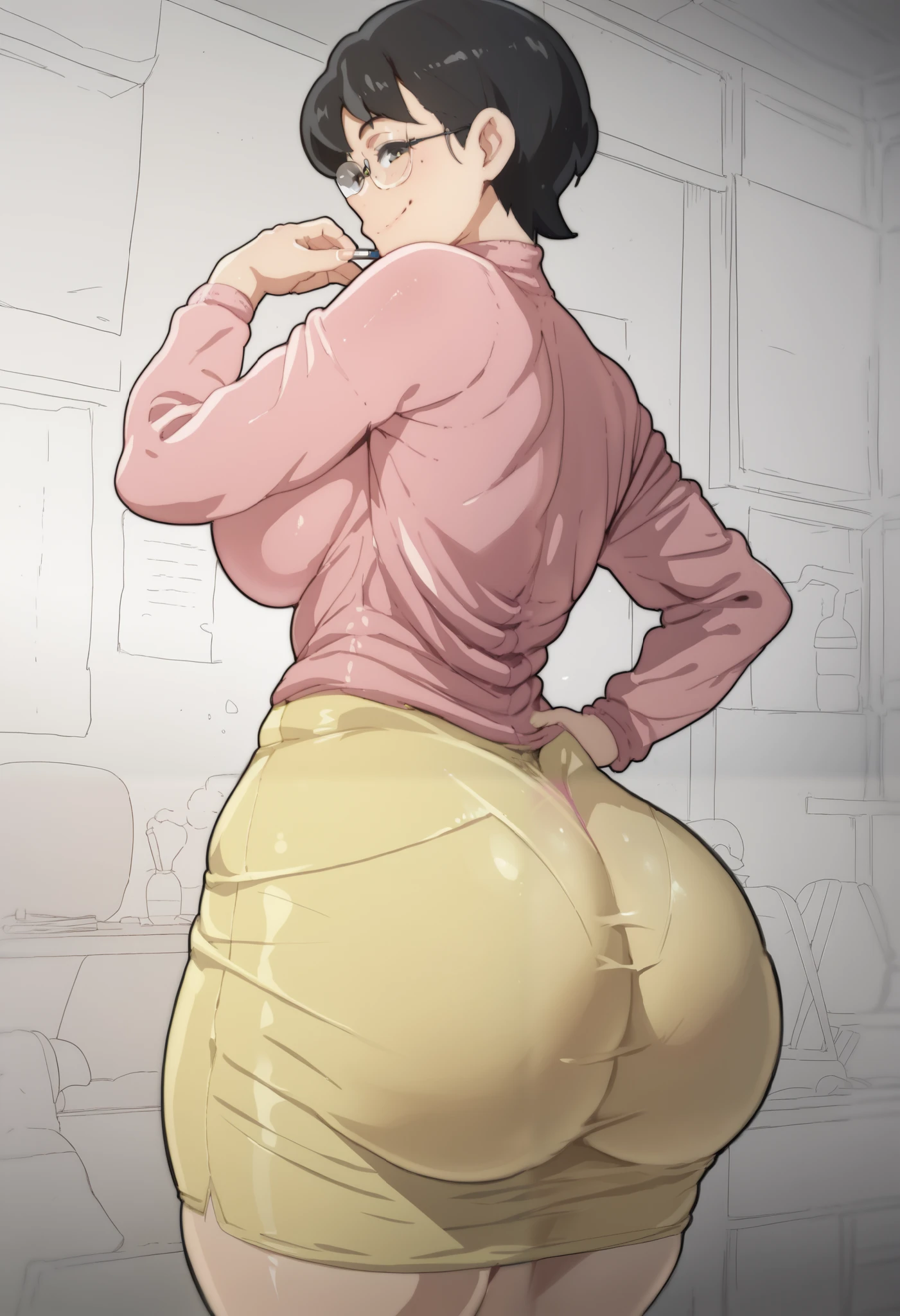 score_9, score_8_up, score_7_up, 1girl, solo, black hair, short hair, glasses, pink sweater, yellow skirt, large breasts, wide hips, thick thighs, from behind, big ass, ass focus, looking at viewer, smile, indoors, cowboy shot, manilla style