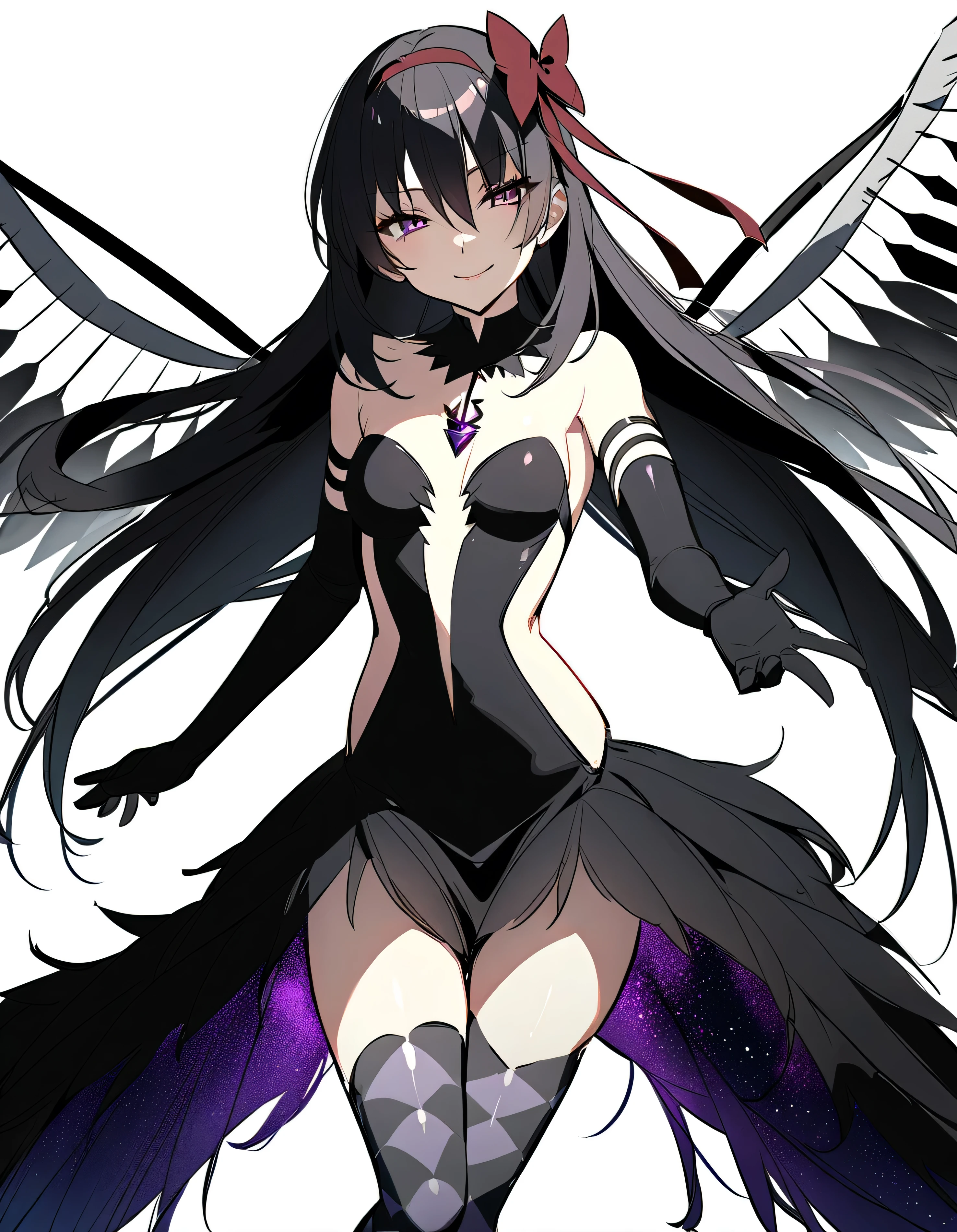 1girl, akuma homura, solo, long hair, wings, gloves, elbow gloves, black hair, smile, purple eyes, thighhighs, black gloves, argyle legwear, argyle, bare shoulders, looking at viewer, dress, soul gem, hair bow, bow, choker, feathered wings, white background, zettai ryouiki, simple background, black wings, masterpiece, best quality, late, evil smile,shaded face(eyes in shadow),shiny latex