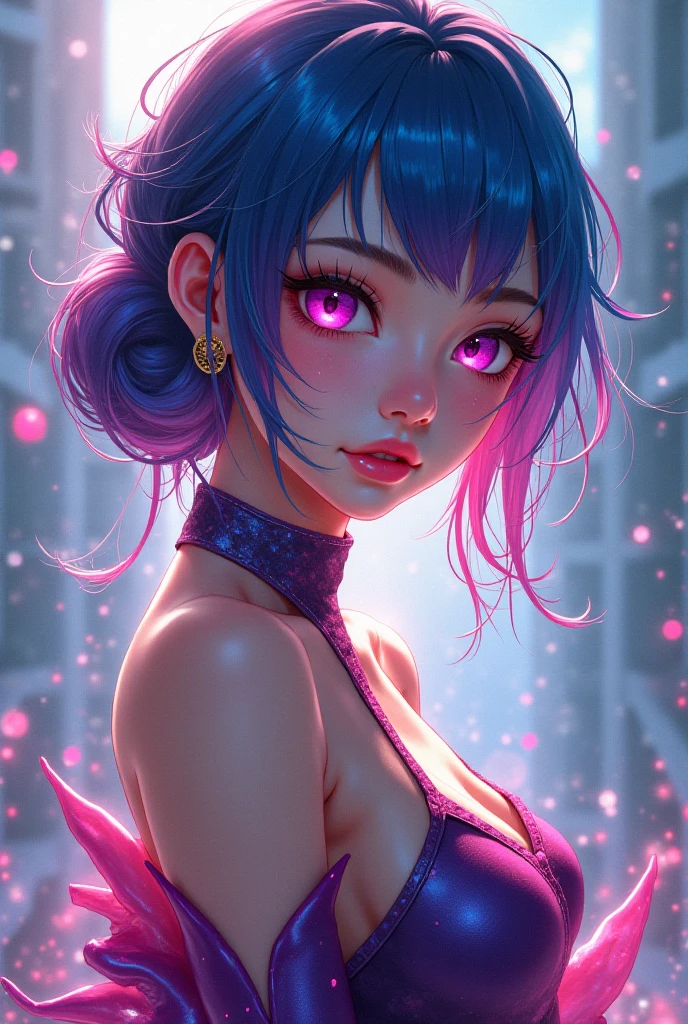 masterpiece, Highest quality, Attention to detail, Concept Art, (Japanese Manga:0.55), (Browsing Caution:0.55), Big Breasts, Flat stomach, , Short and small, Baby Face,Glowing Skin, Light Skin,Skin glows,Purple eyes,Bright colors,colorful,(((liquid paint hair:1.1))), Upper body strapless bra,Showing your belly button,Wear a T-back on the lower body, (((Bright colors))),,Skin glows,Purple eyes,Bright colors,colorful,(((liquid paint hair:1.1))) ,(((neon Purple Hair | Neon pink hair | Neon blue hair | Neon Aqua Hair | Purple Hair | Purple Hair | Fluorescent blue hair | Amethyst Hair | Neon Hair | Bright pink hair :1.5))), ((Painted,Not affected by gravity,Thick and watery),(Paint splashes:1.3), (Shiny Hair: 1.3),
