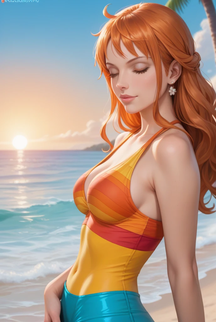 Nami from one piece, anime, perfect face, perfect body, swimsuit, orange hair, long hair, beach background, pretty face