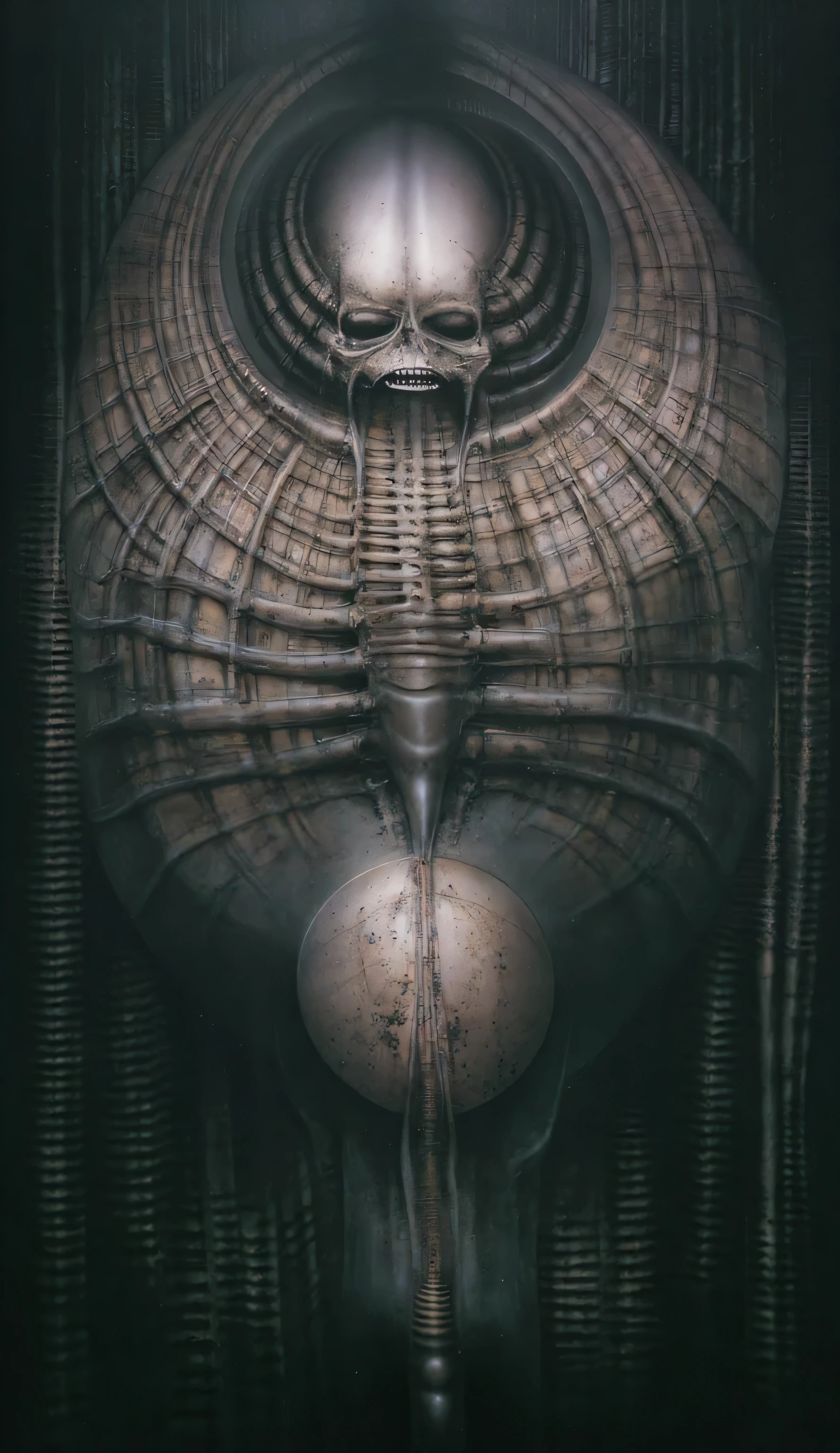 Please reproduce the original image as accurately as possible, capturing the intricate details of the biomechanical structures, the dramatic lighting, and the overall sense of unease. Find and enhance depiction of Giger's demons and creatures.(best quality:1.4). Use DARK BLACK COLORS.The final image should evoke the same sense of awe and dread as the original artwork by H.R. Giger,, (best quality:1.4), H.R. GIGER, BY GIGER