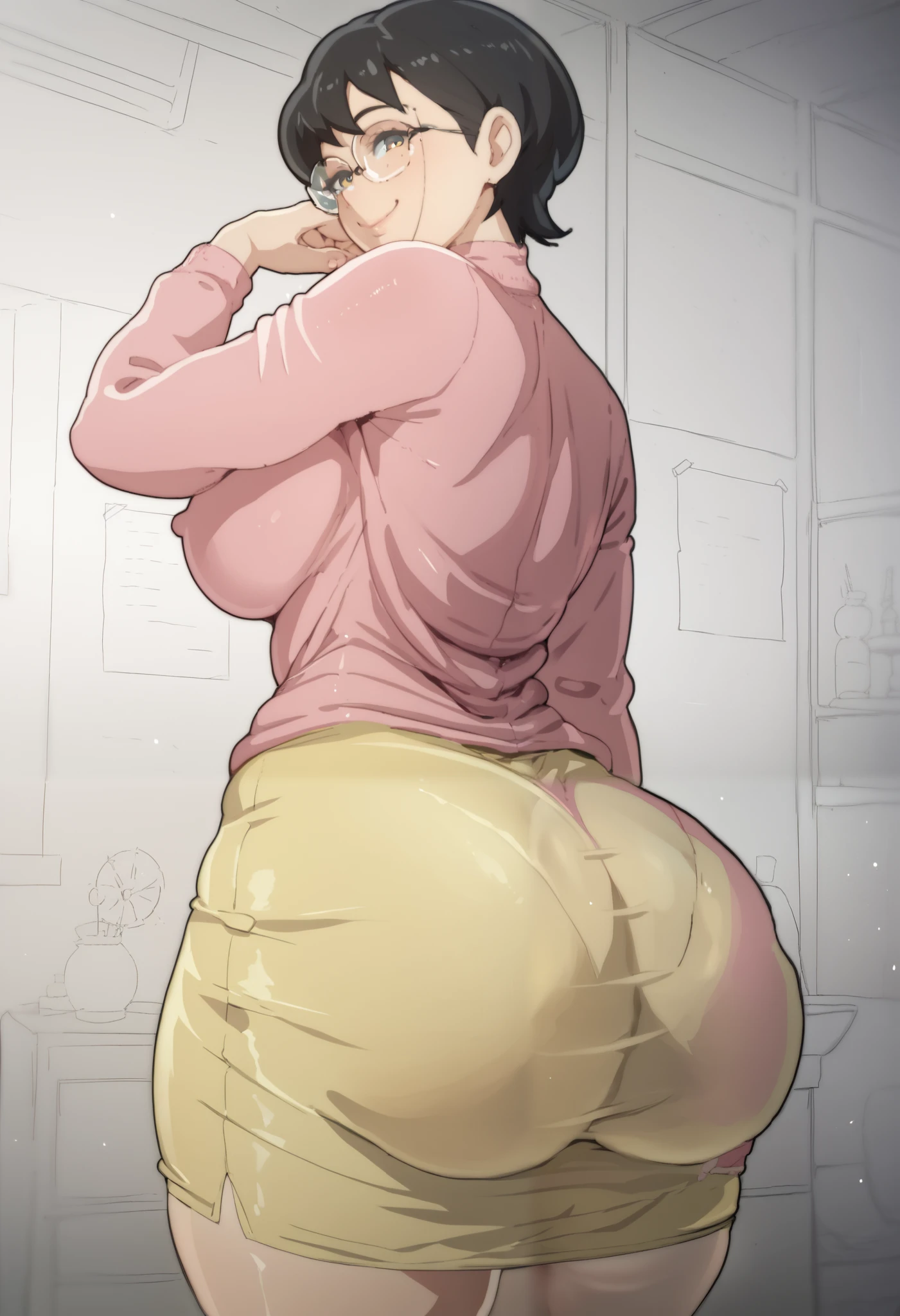 score_9, score_8_up, score_7_up, 1girl, solo, black hair, short hair, glasses, pink sweater, yellow skirt, large breasts, wide hips, thick thighs, from behind, big ass, ass focus, looking at viewer, smile, indoors, cowboy shot, manilla style