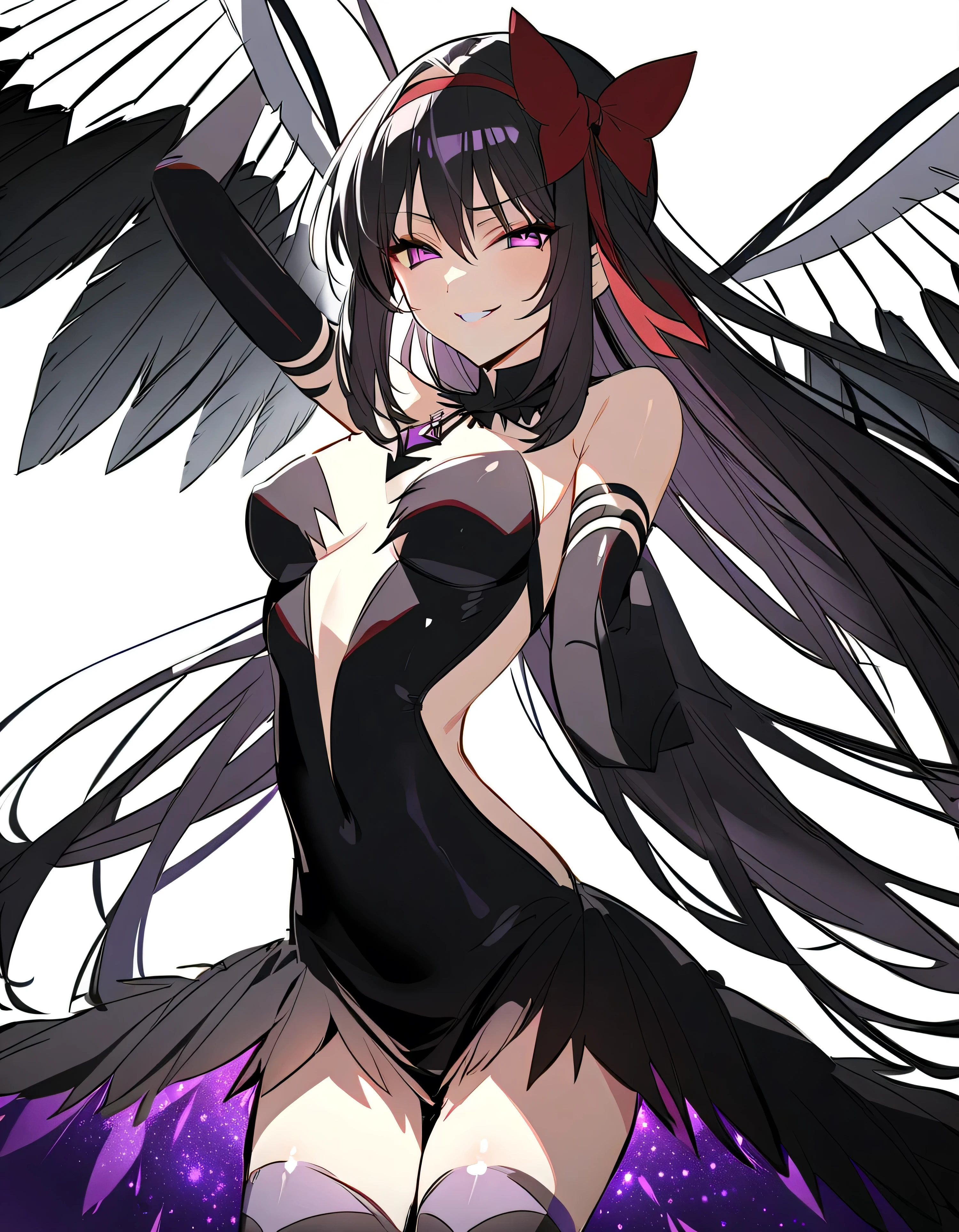 1girl, akuma homura, solo, long hair, thighhighs, gloves, purple eyes, black gloves, black hair, elbow gloves, feathers, wings, argyle legwear, dress, bare shoulders, bow, choker, hair bow, looking at viewer, argyle, feathered wings, zettai ryouiki, breasts, black dress, black wings, masterpiece, best quality, late, <lora:char - akuma homura - v1 - bionagato:1>