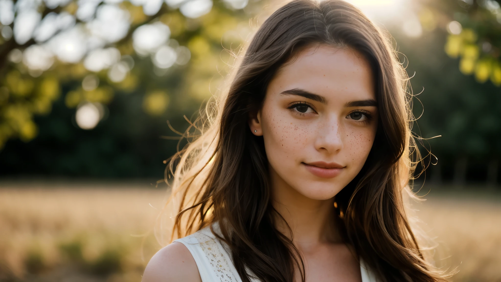 Sun set, RAW photo, (((extremely beautiful portrait))), ((glistening skin)), 1girl, 18 years old girl, ((natural brown hair)), [blue eyes], long hair, eyeliner, fluttering hair, vibrance, ((masterpiece, best quality, hyper detailed, Cinematic light, intricate details, highres, 8k, extremely detailed)), cleavage, detailed background, 8k uhd, dslr, soft lighting, high quality, film grain, Fujifilm XT3, shallow depth of field, natural light, (perfect hands), perfect face