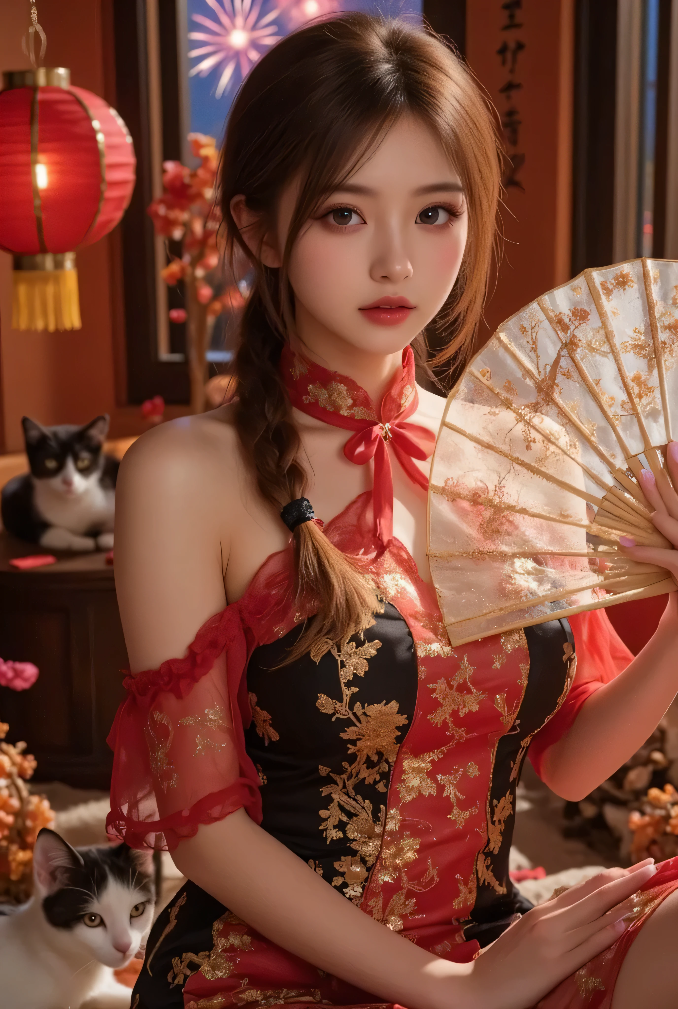 Cat ears、 face up, attractive, pretty girl, ponytail、 (( fine facial features , eroticism)), dramatic lighting , realistic , 8k, Dramatic Shadows , intricate and elaborate patterns , super detailed photo , chiaroscuro lighting , Pleasant colors , deep contrast , super real 、 pink lipstick、 warm room、Vintage Fireplace 、 cinematic composition、Close-up of face, pretty half part transparent open shoulder loose outfits dress, tang style, A beautiful Korean idol wearing a one piece red- black tightly cheongsam with phoenix and intricate floral golden embroidery, golden and silver outline on dress, hand hold pink feathers transparent Chinese fan with golden ink painting of bird and tree , standing gracefully in a room filled with traditional Chinese New Year decorations. The room features vibrant red lanterns, decorative calligraphy scrolls, a small Chinese orange tree with golden ornaments, and several red envelopes scattered across the floor and hanging from the tree. Adorable, playful cats are part of the scene—some sitting near the tree, others curiously pawing at the red envelopes or lounging around. Through a window or an open door in the background, vibrant Chinese fireworks light up the night sky in an array of reds, golds, and blues, casting a magical glow into the room. The idol’s outfit is paired with subtle accessories like red hairpins or earrings, complementing the festive look. The atmosphere is warm and lively, filled with the joyful essence of the celebration, enhanced by the shimmering lights of the fireworks and the lively decor.