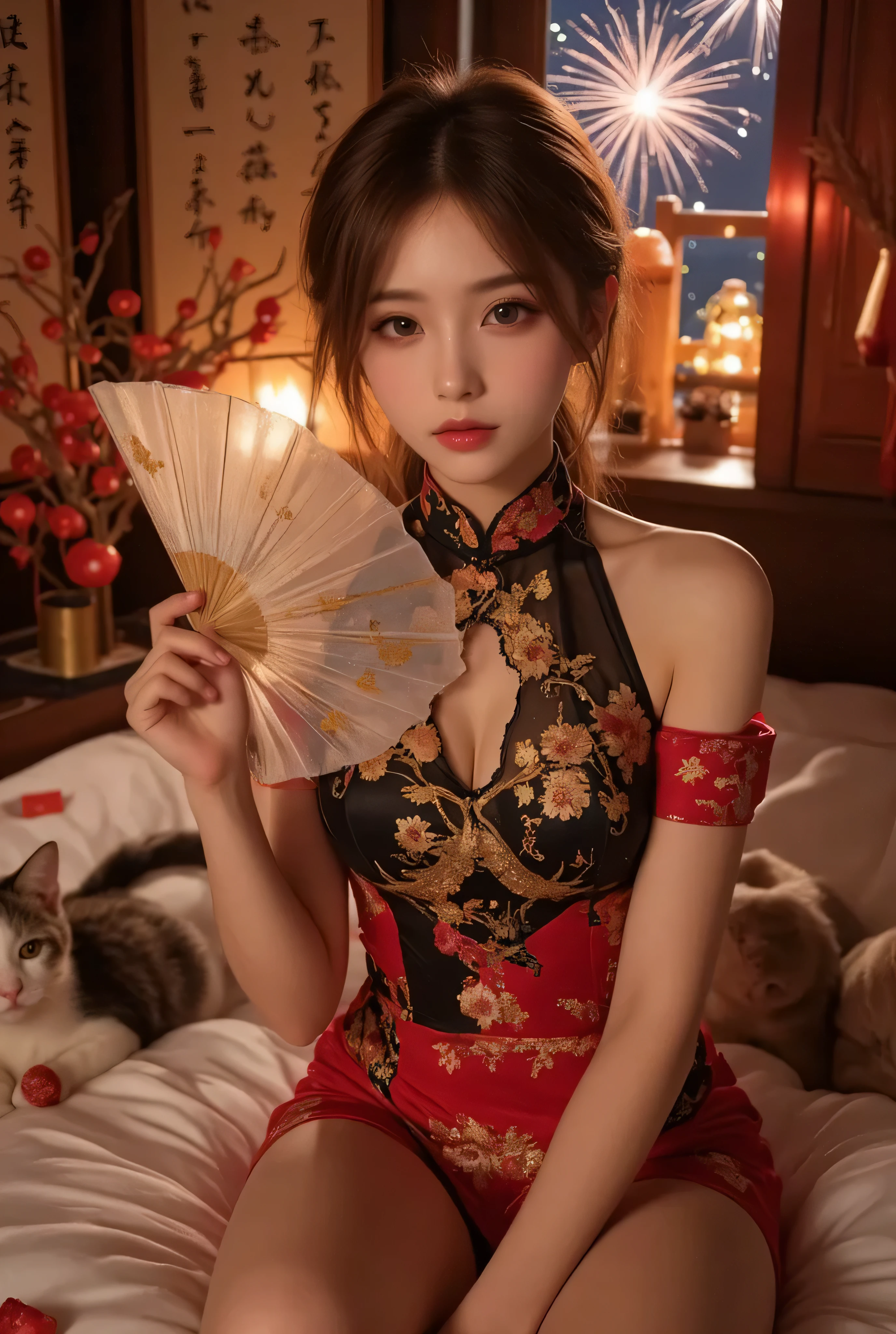 Cat ears、 face up, attractive, pretty girl, ponytail、 (( fine facial features , eroticism)), dramatic lighting , realistic , 8k, Dramatic Shadows , intricate and elaborate patterns , super detailed photo , chiaroscuro lighting , Pleasant colors , deep contrast , super real 、 pink lipstick、 warm room、Vintage Fireplace 、 cinematic composition、Close-up of face, pretty half part transparent open shoulder loose outfits dress, tang style, A beautiful Korean idol wearing a one piece red- black tightly cheongsam with phoenix and intricate floral golden embroidery, golden and silver outline on dress, hand hold pink feathers transparent Chinese fan with golden ink painting of bird and tree , standing gracefully in a room filled with traditional Chinese New Year decorations. The room features vibrant red lanterns, decorative calligraphy scrolls, a small Chinese orange tree with golden ornaments, and several red envelopes scattered across the floor and hanging from the tree. Adorable, playful cats are part of the scene—some sitting near the tree, others curiously pawing at the red envelopes or lounging around. Through a window or an open door in the background, vibrant Chinese fireworks light up the night sky in an array of reds, golds, and blues, casting a magical glow into the room. The idol’s outfit is paired with subtle accessories like red hairpins or earrings, complementing the festive look. The atmosphere is warm and lively, filled with the joyful essence of the celebration, enhanced by the shimmering lights of the fireworks and the lively decor.
