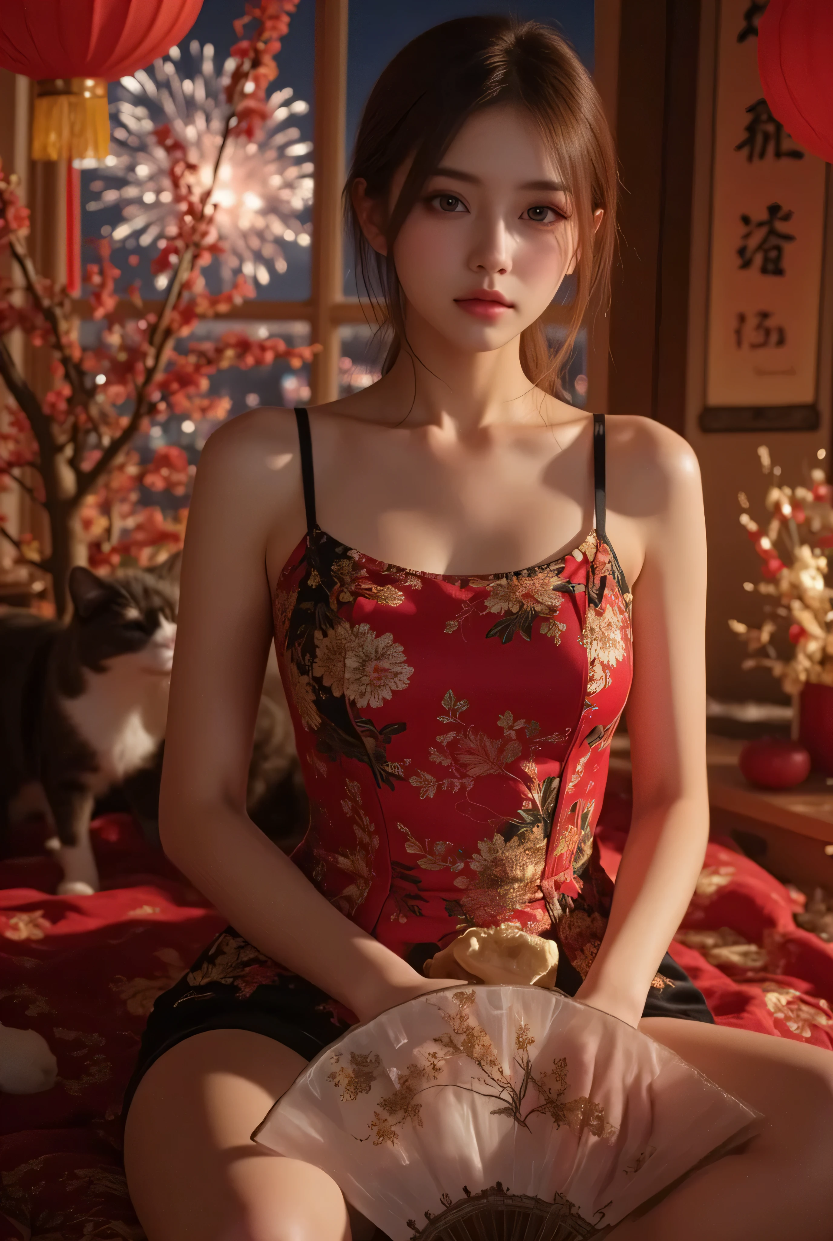 Cat ears、 face up, attractive, pretty girl, ponytail、 (( fine facial features , eroticism)), dramatic lighting , realistic , 8k, Dramatic Shadows , intricate and elaborate patterns , super detailed photo , chiaroscuro lighting , Pleasant colors , deep contrast , super real 、 pink lipstick、 warm room、Vintage Fireplace 、 cinematic composition、Close-up of face, pretty half part transparent open shoulder loose outfits dress, tang style, A beautiful Korean idol wearing a one piece red- black tightly cheongsam with phoenix and intricate floral golden embroidery, golden and silver outline on dress, hand hold pink feathers transparent Chinese fan with golden ink painting of bird and tree , standing gracefully in a room filled with traditional Chinese New Year decorations. The room features vibrant red lanterns, decorative calligraphy scrolls, a small Chinese orange tree with golden ornaments, and several red envelopes scattered across the floor and hanging from the tree. Adorable, playful cats are part of the scene—some sitting near the tree, others curiously pawing at the red envelopes or lounging around. Through a window or an open door in the background, vibrant Chinese fireworks light up the night sky in an array of reds, golds, and blues, casting a magical glow into the room. The idol’s outfit is paired with subtle accessories like red hairpins or earrings, complementing the festive look. The atmosphere is warm and lively, filled with the joyful essence of the celebration, enhanced by the shimmering lights of the fireworks and the lively decor.