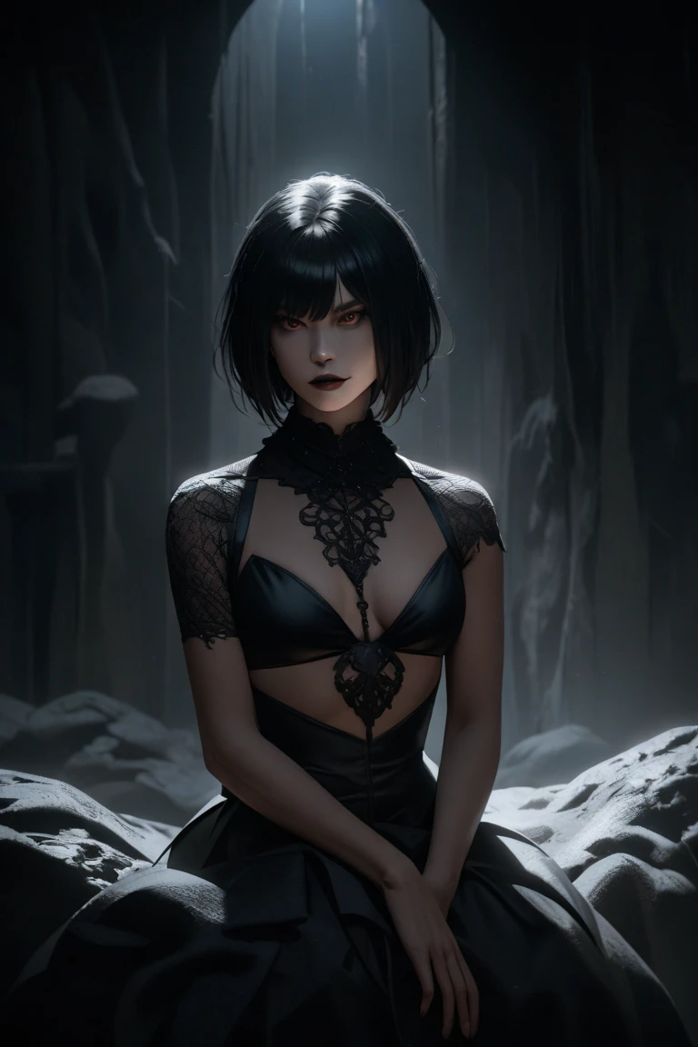 one girl, solo, slender body, fit body, (bust:1.3), (sharp teeth:1.3), (white eyes, pale eyes:1.5), black hair, (short hair:1.2), masterpiece, highly detailed, look at viewer, (look from below, below view:1.3), (leather dress, choker:1.4), (long exposure starry sky with many circular orbits, many stars twinkling in a beautiful bright winter night sky, forest, fractal art, bright colors, colors mashing, complimentary colors, neon, compassionate:1.3), expressing joy, (dark sky background:1.1), (bare shoulders:1.4), (small breast size, small breasts, tiny breasts, flat chest, male chest:1.3), (limited palette:1.7), (legs in leather stockings:1.2)