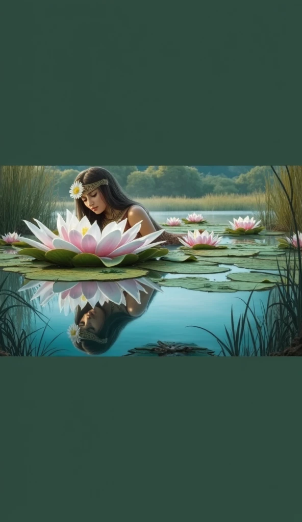 stunning realistic picture, masterpiece, high detail, small strokes, positive and joyful tones, use natural color, gorgeous nude, sits in front of me, (in a pose like a yogi sits:1.2), holds water lilies in her hands and weaves a wreath, under streams of water and drops against the backdrop of a waterfall, Hands (overhead:1.5) straighten their hair, Completely nude (Pussy pubic hairs visible:1.6) slightly smile, brut style art, characterized by bright and delicate colors, thick textured paint, intense black strokes, and amazed details ral-drptpl , Bottom-up view, water lilies on the water