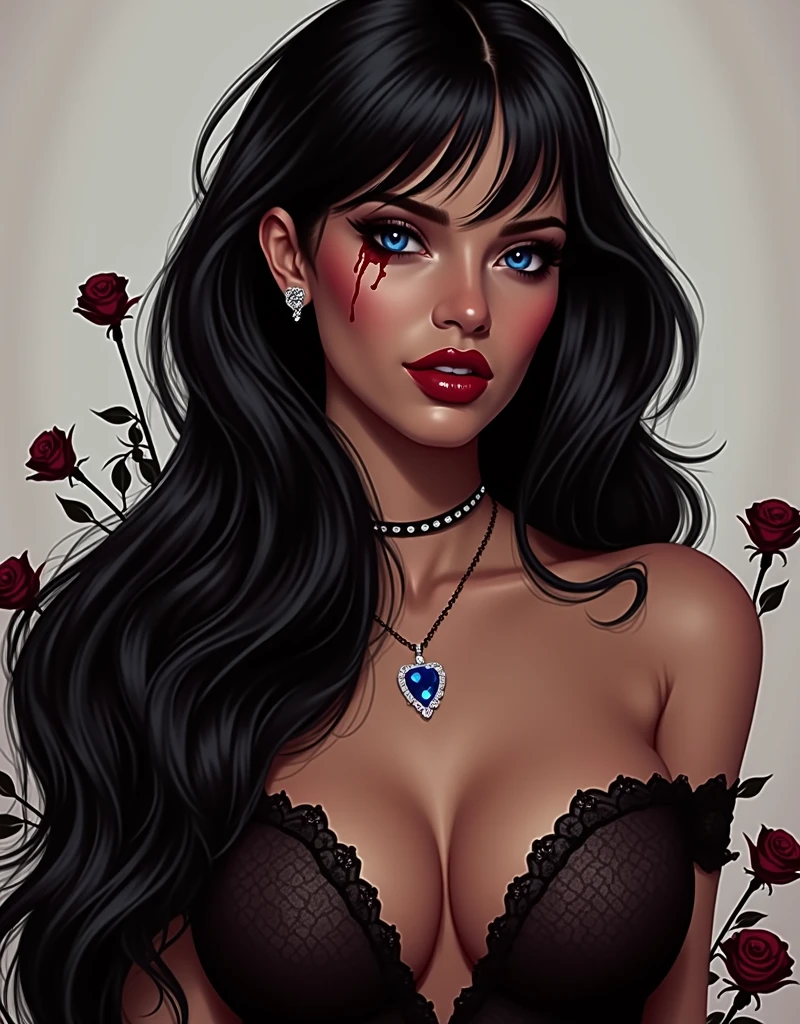 Create an image of the most stunningly gorgeous beautiful perfect sexy seductive young girl, perfect seductive face, dark eyebrows, black eyeliner, black eye shadow, bright blush makeup, vibrant dark lipstick, thick lace choker collar, adolescent young body, thigh high leggings, floor-length long luscious wavy hair. Facing back, looking forward, ass spread,