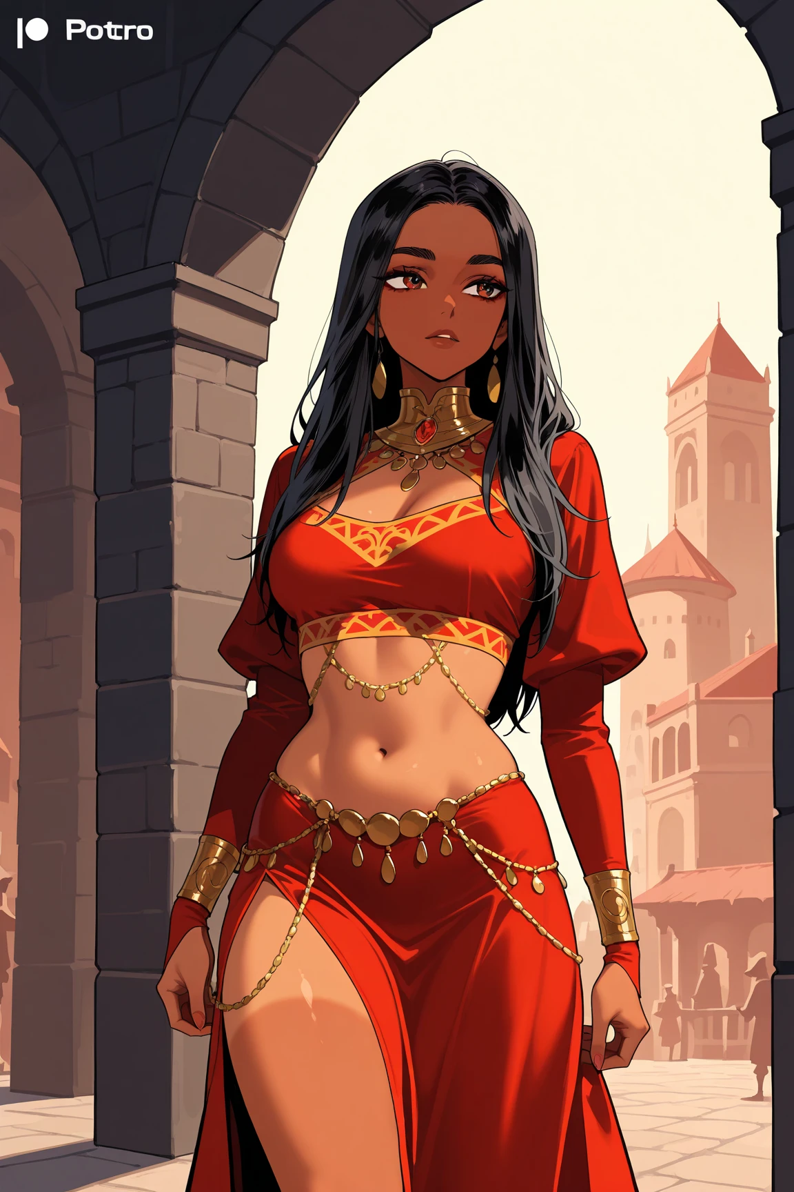 ((masterpiece,best quality)), Female, (Dark Tan Skin), black hair, (long wavy hair), brown eyes, faint blush, breasts, seductive expression, ((pirate siren inspired outfit)), ((hair wet styled down)), ((body decorated with jewelery)), kneeling, legs spread, (ancient cathedral setting).