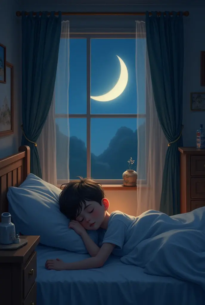 A boy is sleeping in house and see by half moon moon is brightening