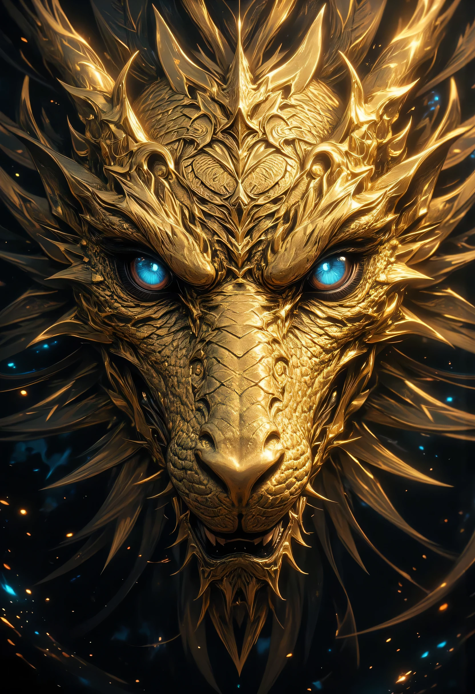 an close up picture of a gold dragon's head, its eye, there are blue flames in the retina, serpentine eye, 