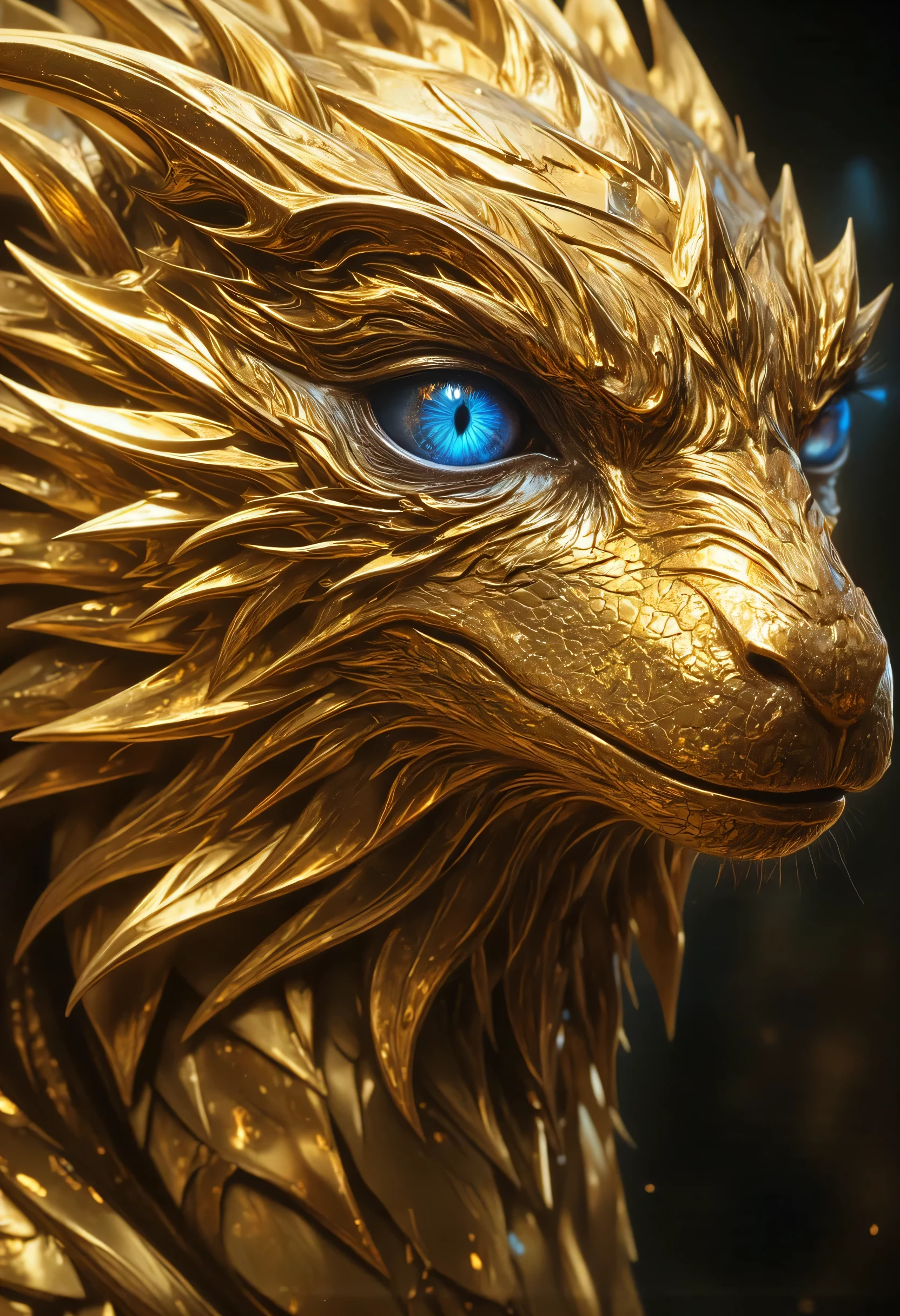 an close up picture of a gold dragon's head, its eye, there are blue flames in the retina, serpentine eye, invert color