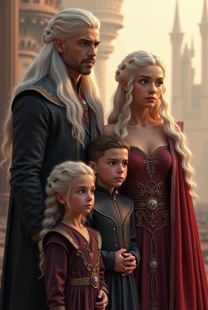 raw fullbody ((family photo of a father and mother with their daughter)), ((mother carrying daughter)), [1girl, daenerys targaryen, Emilia Clarke], (1man, Henry Cavill as Geralt de Rivia The Witcher), with their ((1girl, 5 year old daughter)))), medieval clothing,((half body shot)), realistic proportions, realistic pupils, ((3 member family portrait)) limited palette, highres, cinematic lighting, 8k resolution, front lit, sunrise, RAW photo, Nikon 85mm, Award Winning, Glamour Photograph, extremely detailed, beautiful Ukrainian, mind-bending, Noth-Yidik, raw fullbody photo of Daenerys Targaryen and Geralt de Rivia The Witcher with 5 year old daughter, highly detailed, artstation, smooth, sharp focus, 8K,, trending on instagram, trending on tumblr, hdr 4k, 8k