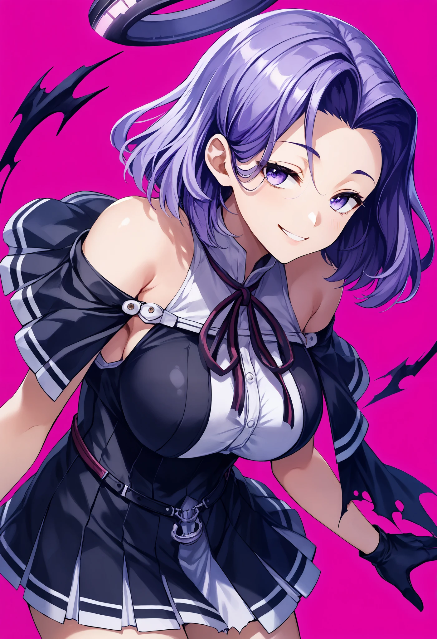 Ryuda Muji, tatsutakaini (kantai collection), score_9, score_8_up, score_7_up, score_6_up, source_anime, masterpiece, best quality, official art, official style, game cg, megami magazine, rating_safe, rating_questionable, purple hair, halo, short hair, (purple eyes, Half Eye, half-open), split bangs, , ripping bare shoulders in pink background, sleeveless, black dress, white shirt, black skirt, short dress , Bare legs, Big Breasts, Smile, fingers in the mouth, shushing,