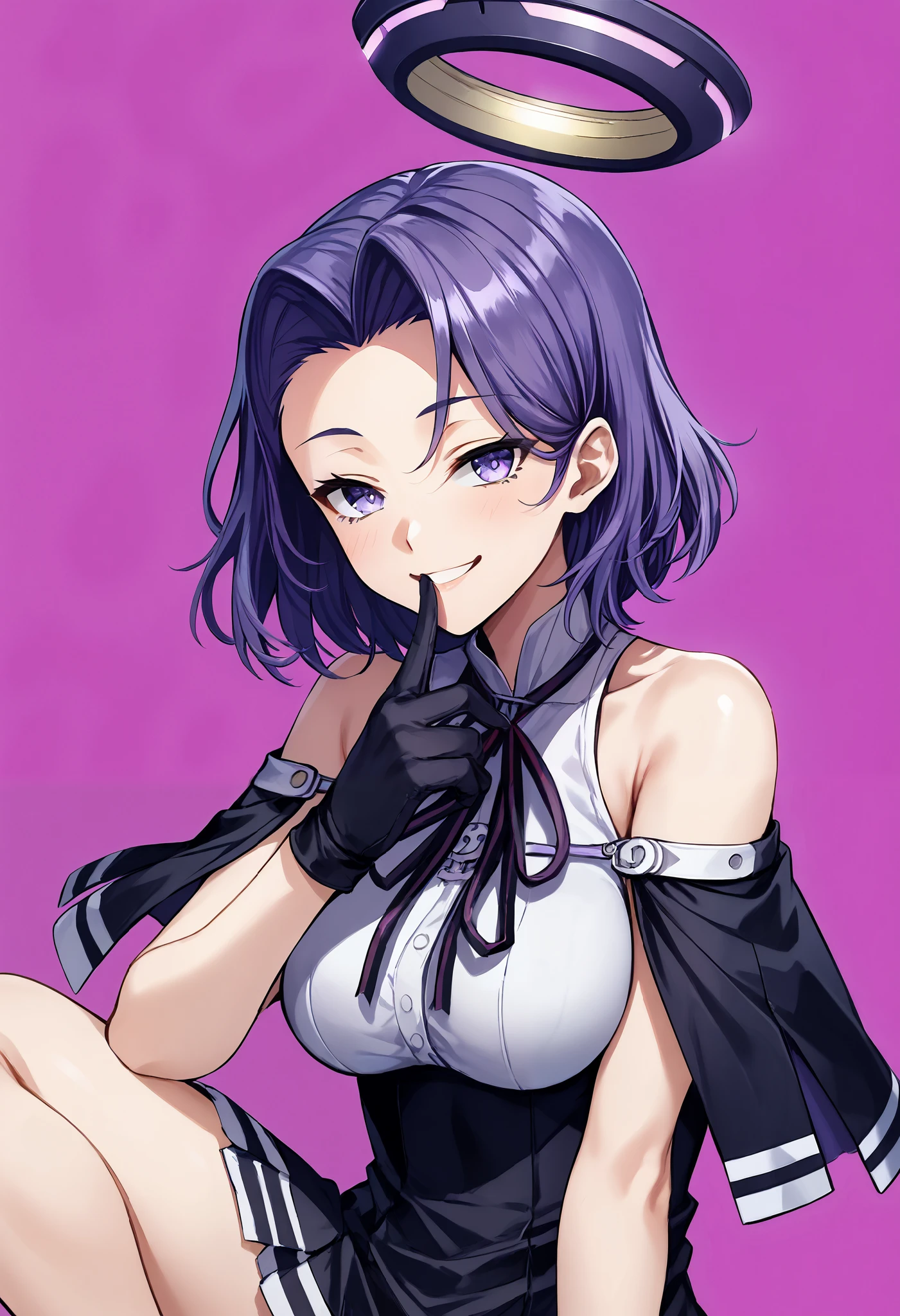 Ryuda Muji, tatsutakaini (kantai collection), score_9, score_8_up, score_7_up, score_6_up, source_anime, masterpiece, best quality, official art, official style, game cg, megami magazine, rating_safe, rating_questionable, purple hair, halo, short hair, (purple eyes, Half Eye, half-open), split bangs, , ripping bare shoulders in pink background, sleeveless, black dress, white shirt, black skirt, short dress , Bare legs, Big Breasts, Smile, fingers in the mouth, shushing,