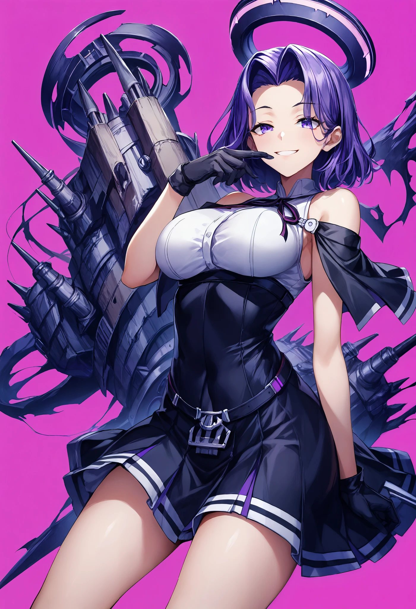 Ryuda Muji, tatsutakaini (kantai collection), score_9, score_8_up, score_7_up, score_6_up, source_anime, masterpiece, best quality, official art, official style, game cg, megami magazine, rating_safe, rating_questionable, purple hair, halo, short hair, (purple eyes, Half Eye, half-open), split bangs, , ripping bare shoulders in pink background, sleeveless, black dress, white shirt, black skirt, short dress , Bare legs, Big Breasts, Smile, fingers in the mouth, shushing,
