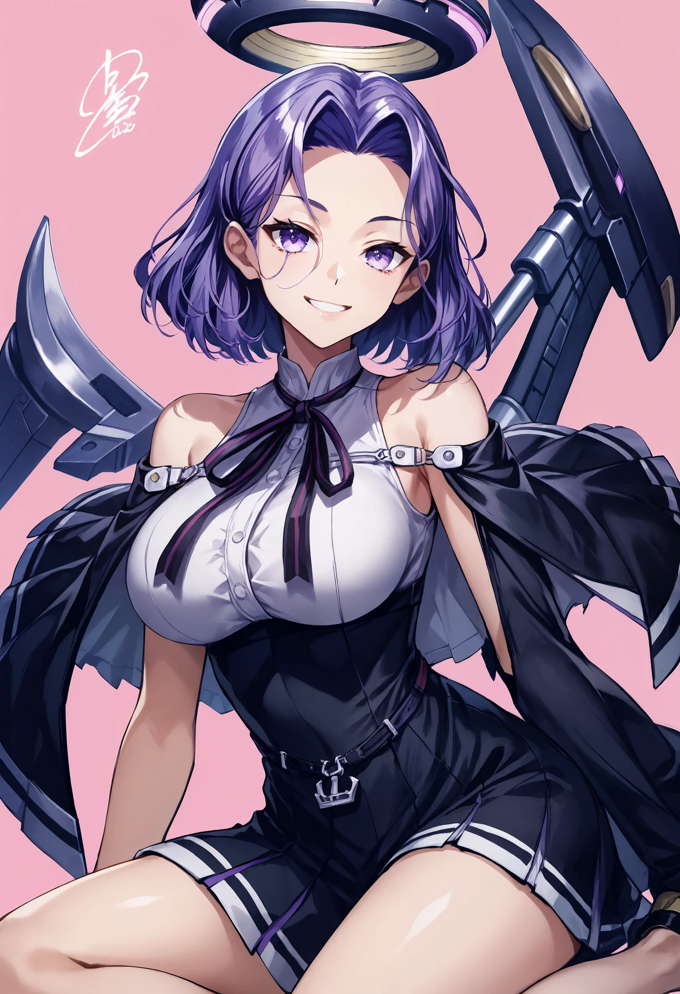 Ryuda Muji, tatsutakaini (kantai collection), score_9, score_8_up, score_7_up, score_6_up, source_anime, masterpiece, best quality, official art, official style, game cg, megami magazine, rating_safe, rating_questionable, purple hair, halo, short hair, (purple eyes, Half Eye, half-open), split bangs, , ripping bare shoulders in pink background, sleeveless, black dress, white shirt, black skirt, short dress , Bare legs, Big Breasts, Smile,