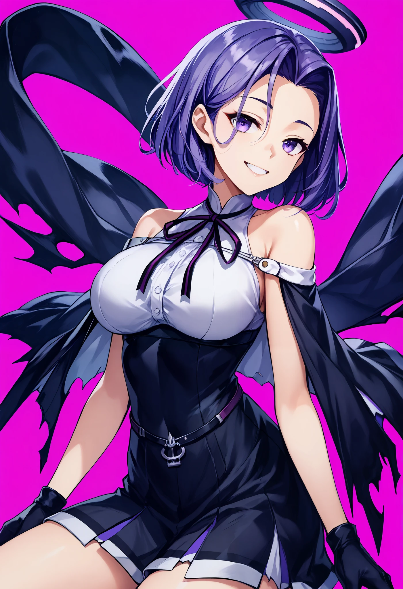 Ryuda Muji, tatsutakaini (kantai collection), score_9, score_8_up, score_7_up, score_6_up, source_anime, masterpiece, best quality, official art, official style, game cg, megami magazine, rating_safe, rating_questionable, purple hair, halo, short hair, (purple eyes, Half Eye, half-open), split bangs, , ripping bare shoulders in pink background, sleeveless, black dress, white shirt, black skirt, short dress , Bare legs, Big Breasts, Smile,