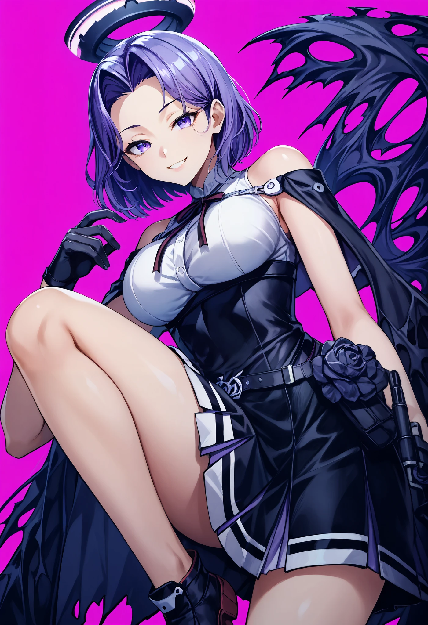Ryuda Muji, tatsutakaini (kantai collection), score_9, score_8_up, score_7_up, score_6_up, source_anime, masterpiece, best quality, official art, official style, game cg, megami magazine, rating_safe, rating_questionable, purple hair, halo, short hair, (purple eyes, Half Eye, half-open), split bangs, , ripping bare shoulders in pink background, sleeveless, black dress, white shirt, black skirt, short dress , Bare legs, Big Breasts, Smile,