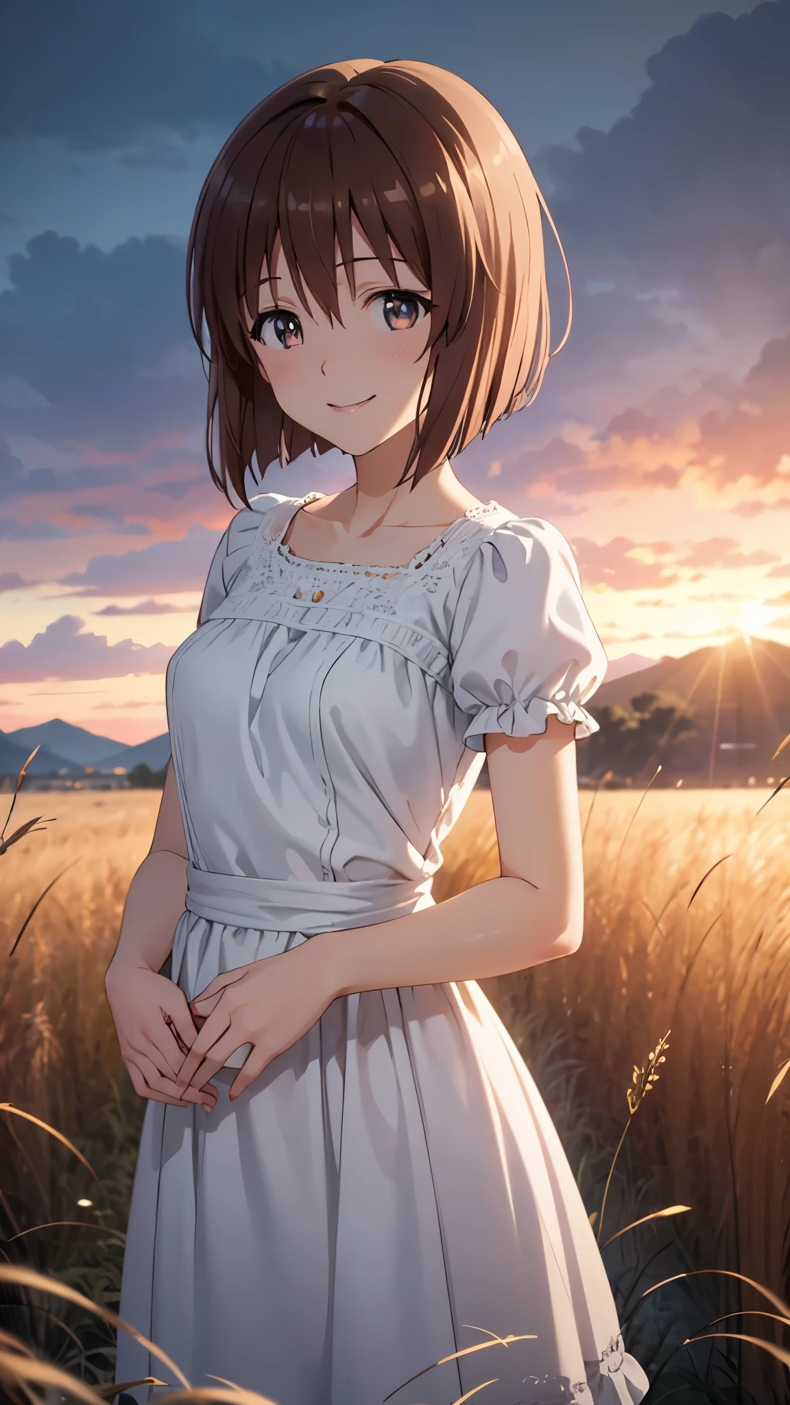 1 girl, yukiho hagiwara, brown hair, short hair, brown eyes, smile, BREAK, white dress, casual mini dress, standing, Bend your waist and lean forward, view audience, In a wide field of silver grass, (evening, The sunset-tinted scenery), CG, unity, 8k, wallpaper, highest quality, masterpiece, complex pupils, complex textile, detailed background, (best lighting: 1.5), detailed eyes, detailed face