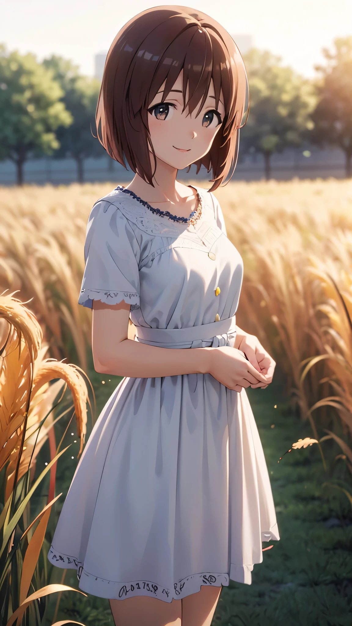 1 girl, yukiho hagiwara, brown hair, short hair, brown eyes, smile, BREAK, white dress, casual mini dress, standing, Bend your waist and lean forward, view audience, In a wide field of silver grass, (evening, The sunset-tinted scenery), CG, unity, 8k, wallpaper, highest quality, masterpiece, complex pupils, complex textile, detailed background, (best lighting: 1.5), detailed eyes, detailed face