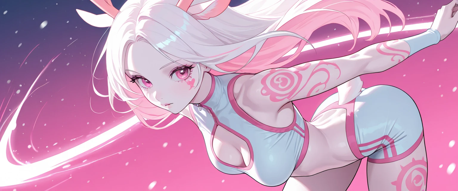 1woman, long white hair with pink and cyan tips,multicolored hair, small fox ears, purple eyes, wearing a white coat, white pants, short black top , tattoos on arms, colorful koi tattoos all over the arms, showing body, medium breasts, tattoos covering skin, relaxed pose