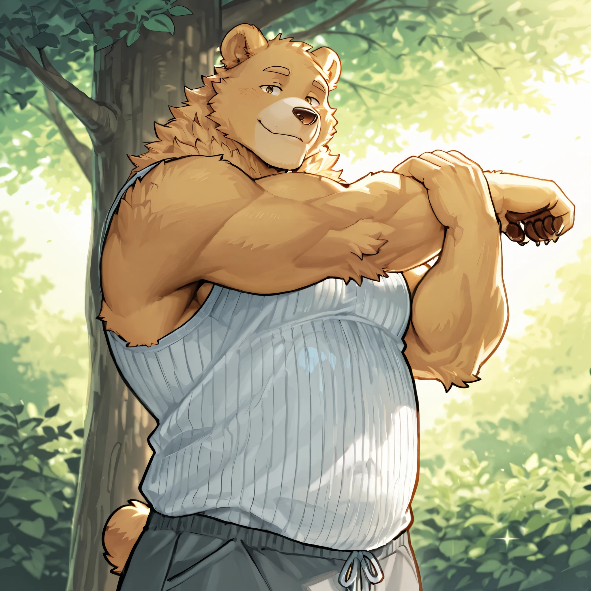 Furry bear, bear, man, masculine, stretching, buff, casual clothes, outside, fluffy fur, yellow eyes, solo