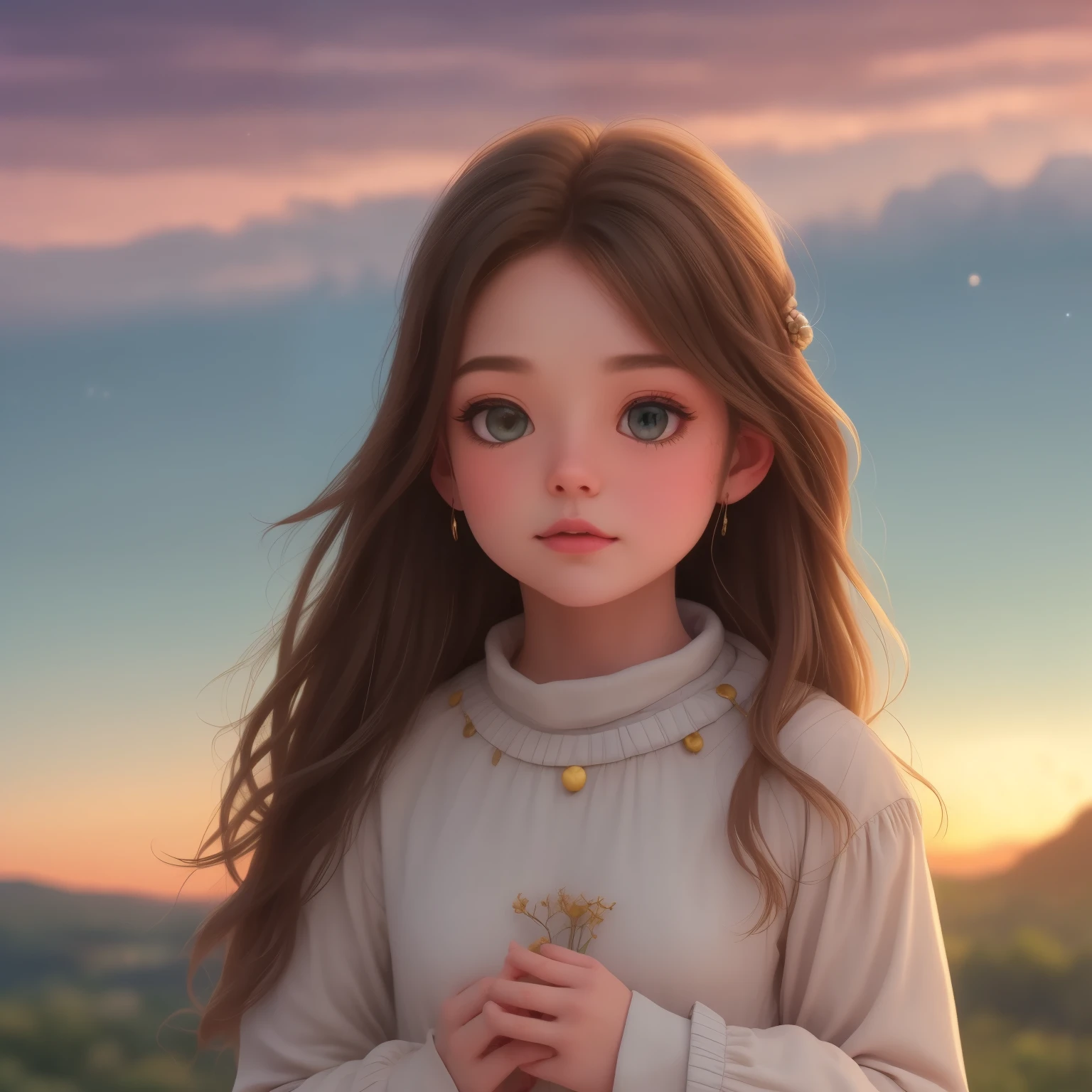 A serene girl with brown hair and dark green eyes sits atop a hill, gazing out at the evening sky's canvas of deep blues and purples, just after sunset's warmth fades. Before her, seven planets align vertically, their bright points aglow: Saturn, Mercury, Neptune, Venus, Uranus, Jupiter, and Mars, converging in a straight line against the star-studded backdrop.