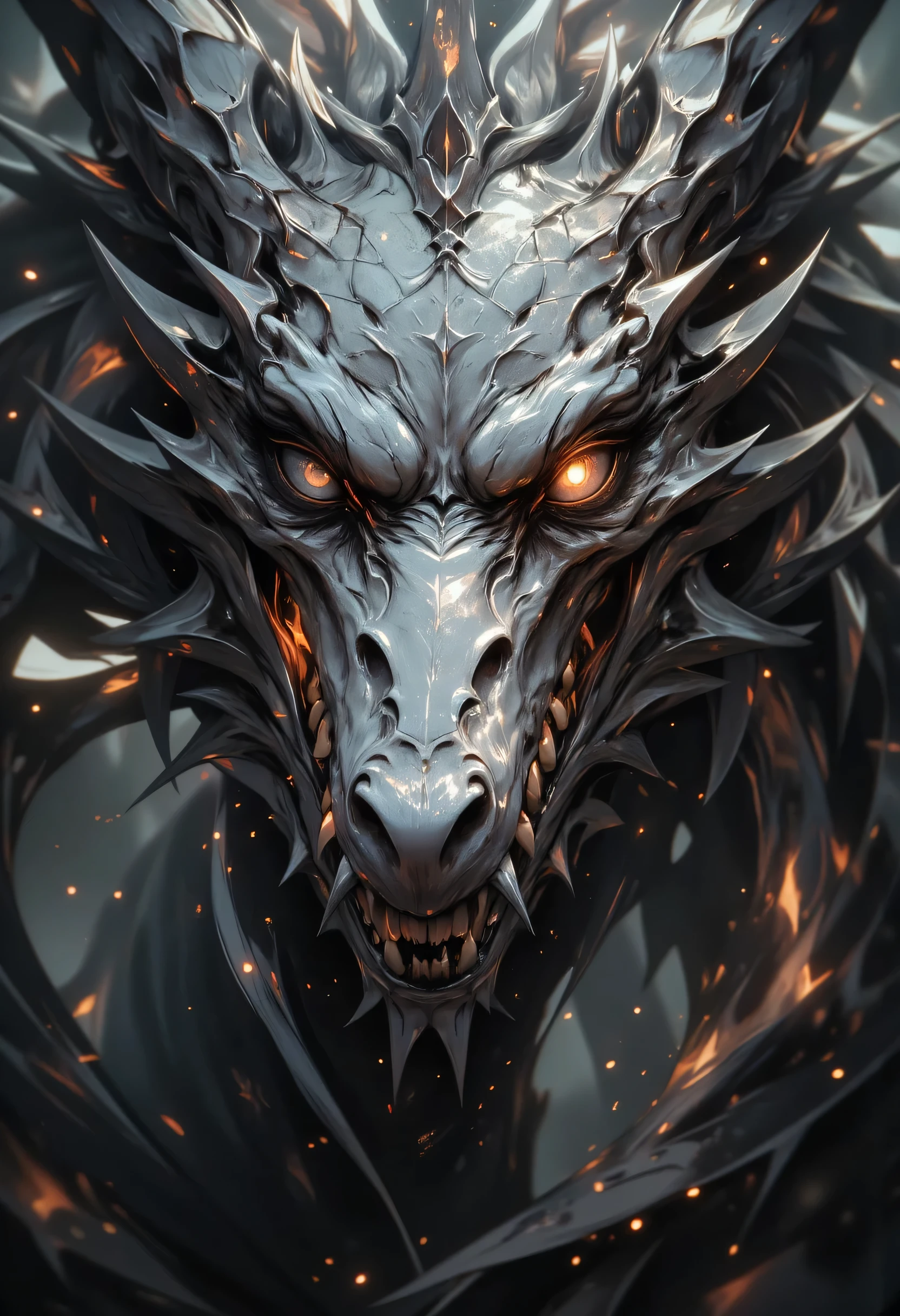 an close up picture of a skeleton dragon's head, some silver scales remain, there are red gold flames in the retina, serpentine eye,