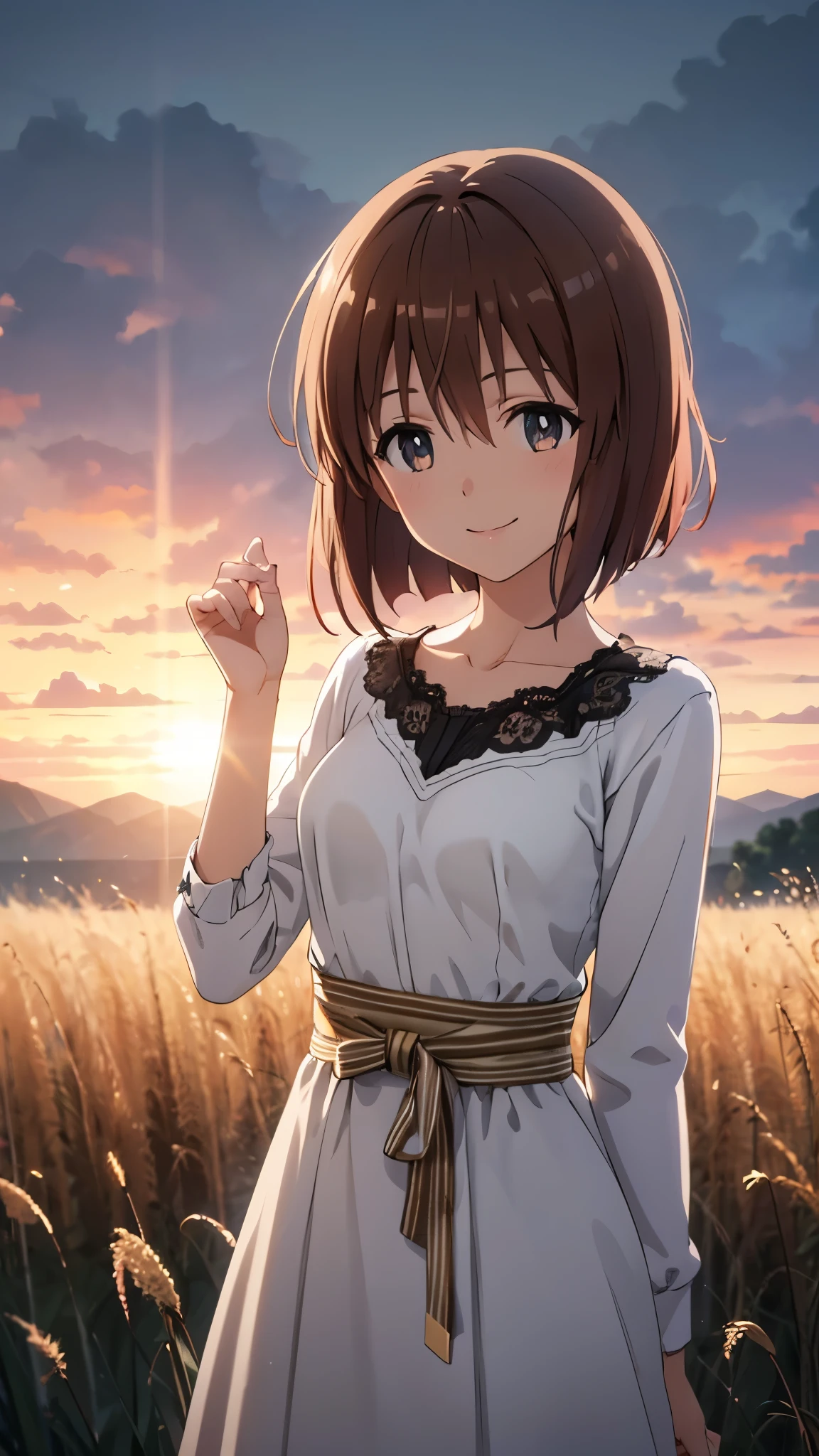 1 girl, yukiho hagiwara, brown hair, short hair, brown eyes, smile, BREAK, white dress, casual mini dress, standing, Bend your waist and lean forward, view audience, In a wide field of silver grass, (evening, The sunset-tinted scenery), CG, unity, 8k, wallpaper, highest quality, masterpiece, complex pupils, complex textile, detailed background, (best lighting: 1.5), detailed eyes, detailed face