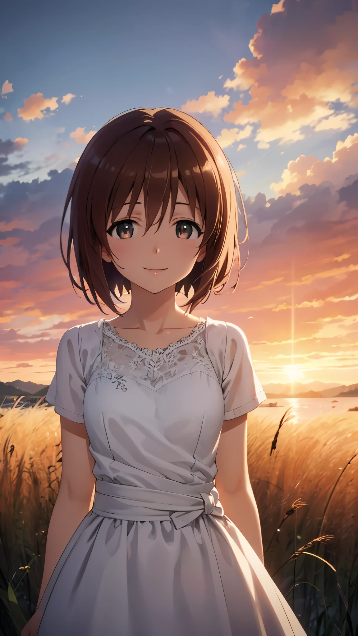 1 girl, yukiho hagiwara, brown hair, short hair, brown eyes, smile, BREAK, white dress, casual mini dress, standing, Bend your waist and lean forward, view audience, In a wide field of silver grass, (evening, The sunset-tinted scenery), CG, unity, 8k, wallpaper, highest quality, masterpiece, complex pupils, complex textile, detailed background, (best lighting: 1.5), detailed eyes, detailed face