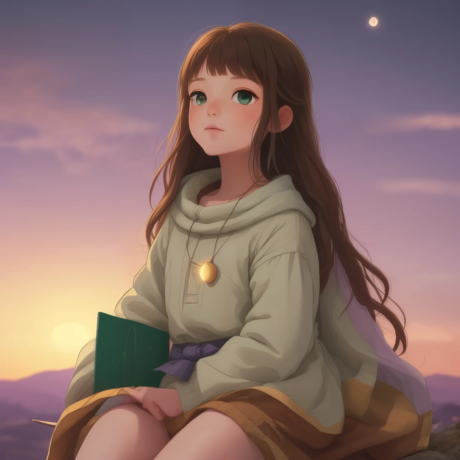 A serene girl with brown hair and dark green eyes sits atop a hill, gazing out at the evening sky's canvas of deep blues and purples, just after sunset's warmth fades. Before her, seven planets align vertically, their bright points aglow: Saturn, Mercury, Neptune, Venus, Uranus, Jupiter, and Mars, converging in a straight line against the star-studded backdrop.