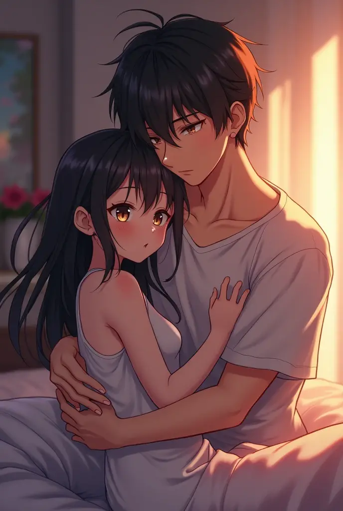 anime style depiction of a dark tan skinned 20-year-old girl clad in a bikini top and skirt, snuggled closely with a white handsome boy wearing a t-shirt, boy comforting girl's tummy, while sleeping in bed