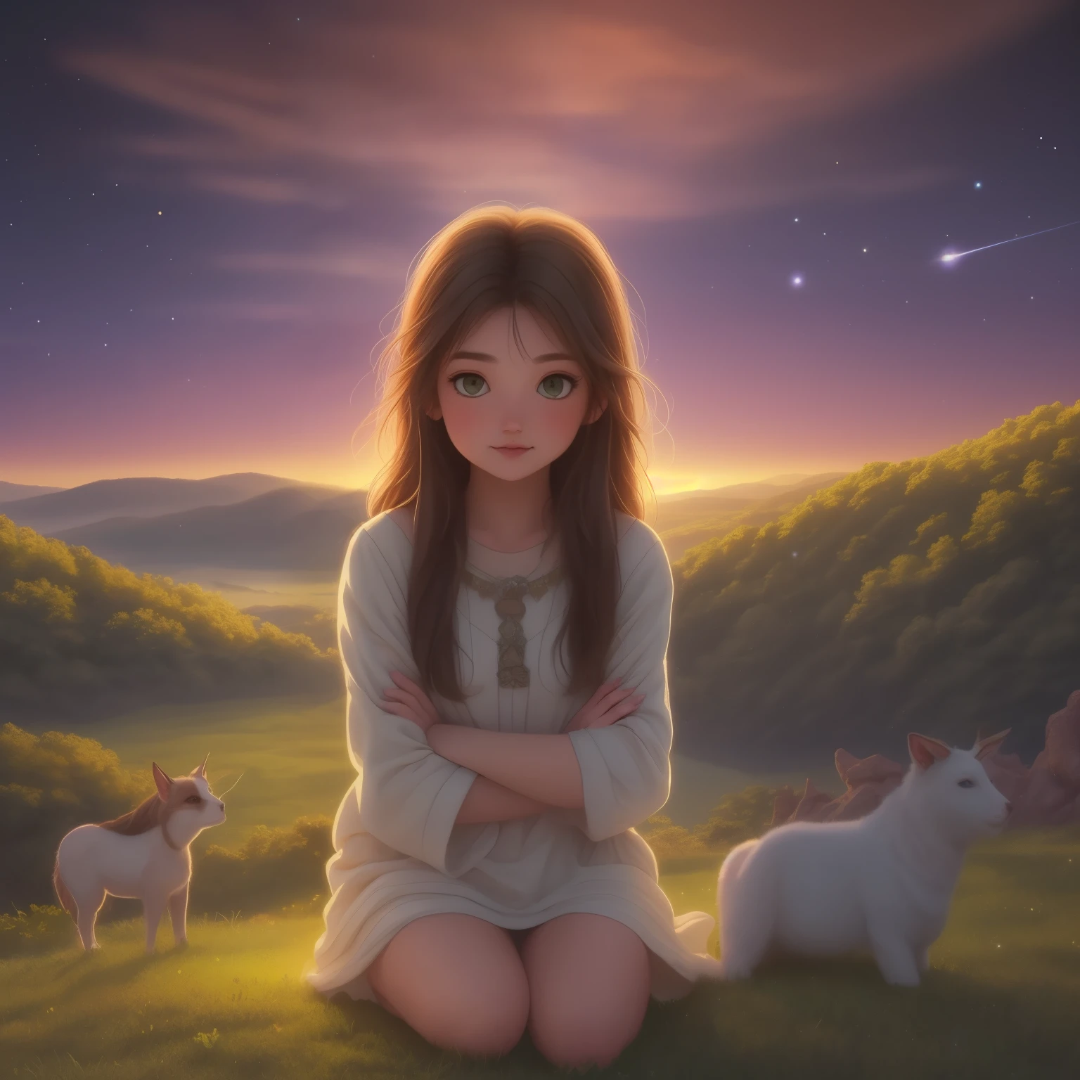 A serene girl with brown hair and dark green eyes sits atop a hill, gazing out at the evening sky's canvas of deep blues and purples, just after sunset's warmth fades. Before her, seven planets align vertically, their bright points aglow: Saturn, Mercury, Neptune, Venus, Uranus, Jupiter, and Mars, converging in a straight line against the star-studded backdrop.