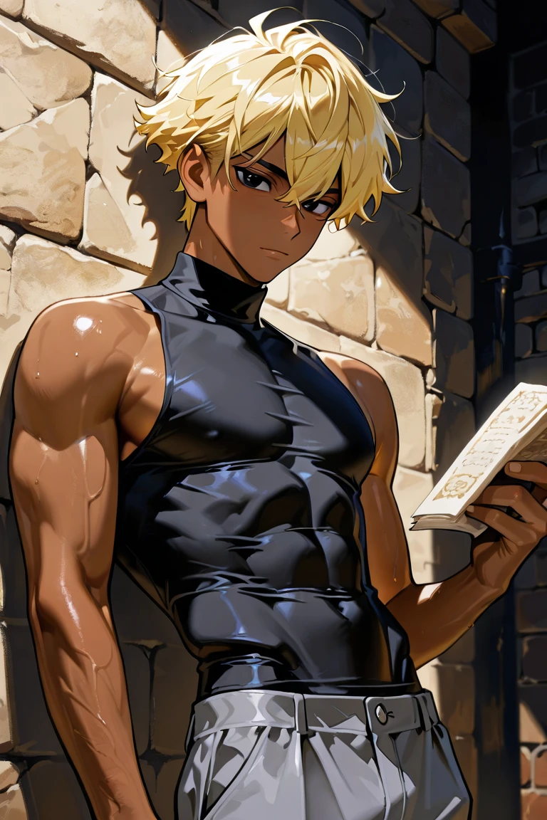 1boy, black eyeliner, male medium length mullet hairstyle, medium sharp hair texture, blonde hair, handsome, blue eyes, black choker, black long bandage gloves, white bandage on body, desert, room, pink lipstick, femboy, blush, thin waist, open mouth, He lies on the floor, half open eyes, holds his waist, bandage pants, bandage choker