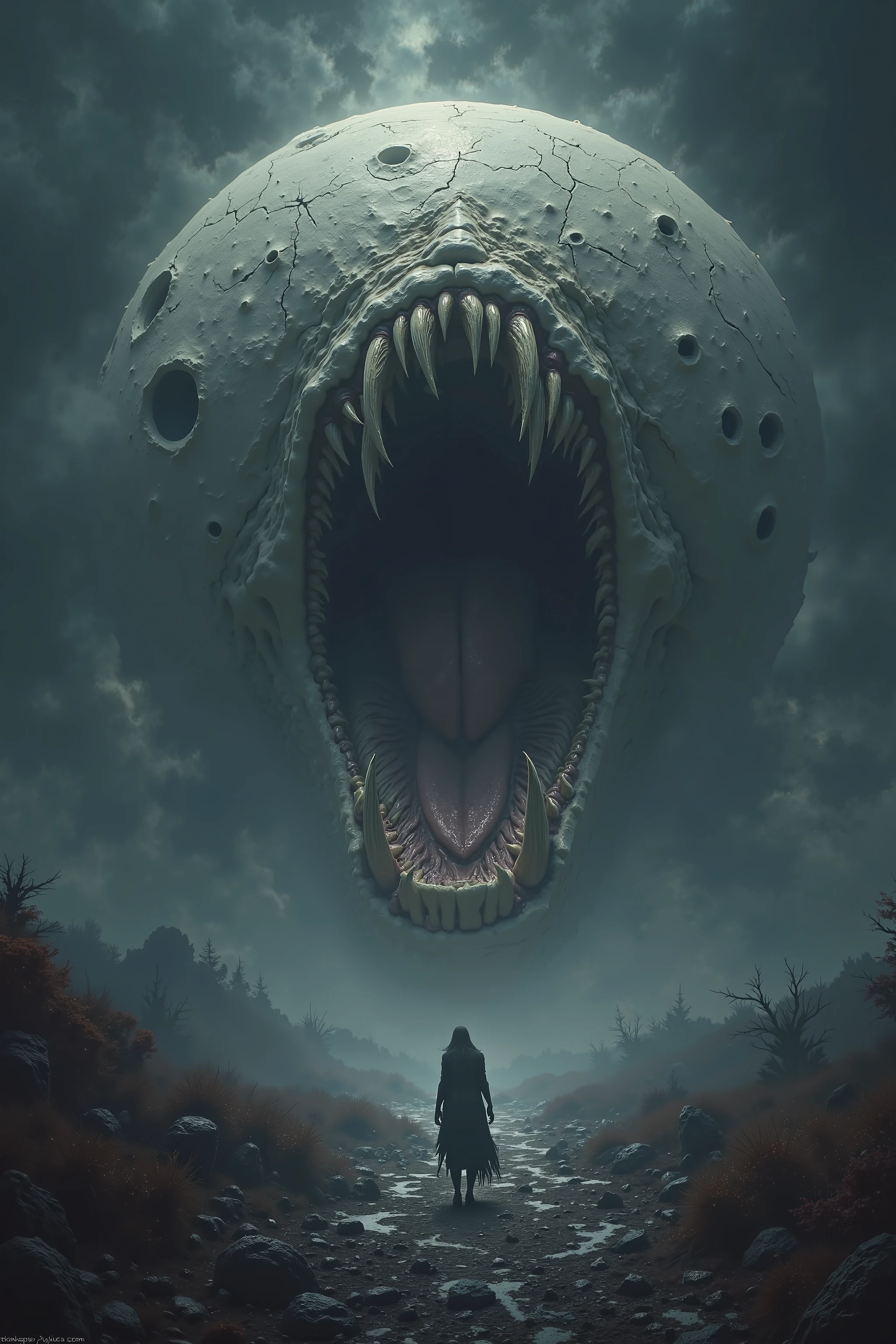 Concept art d’une vision de cauchemar; une énorme bouche aux dents acérées s'ouvre sur la surface de la lune; la lune est en fait un monstre venu dévorer le monde.