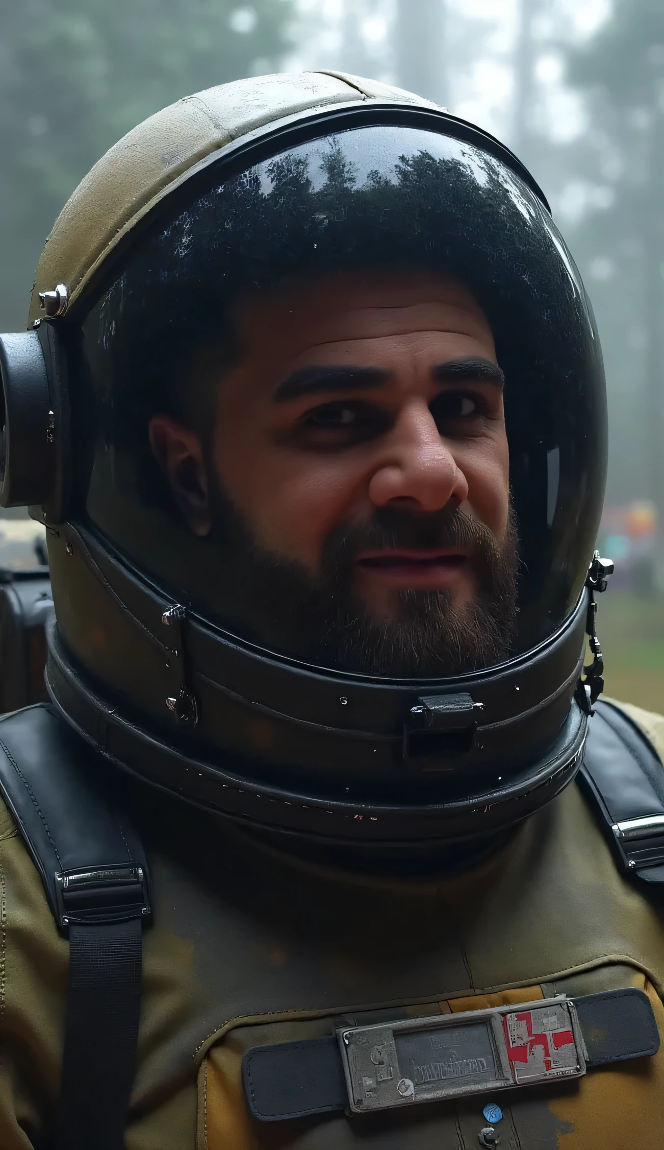 a 30 year man with a beard,astronaut is looking through her helmet with a horrified expression on her face. the scene depicts an alien planet with darkness and damp,very realistic,intricate details,eerie,highly detailed,photorealistic,octane render,8 k,unreal engine,