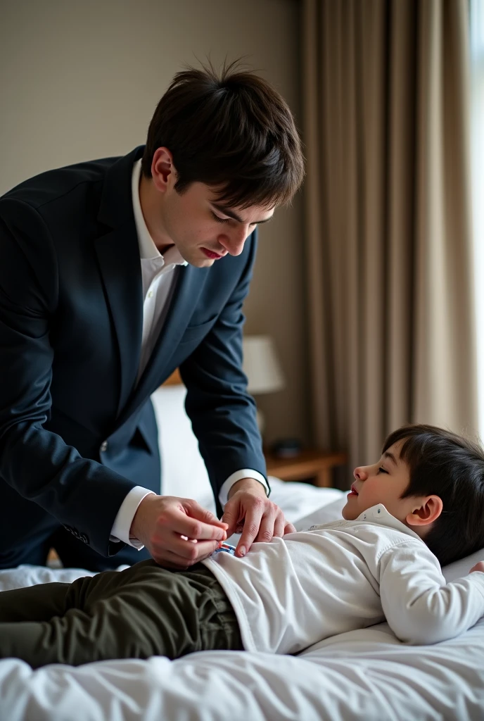 Crossdressing young father in bondage and wedding suit in underwear hiding from wife and incest with son Brainwashing in the children's room