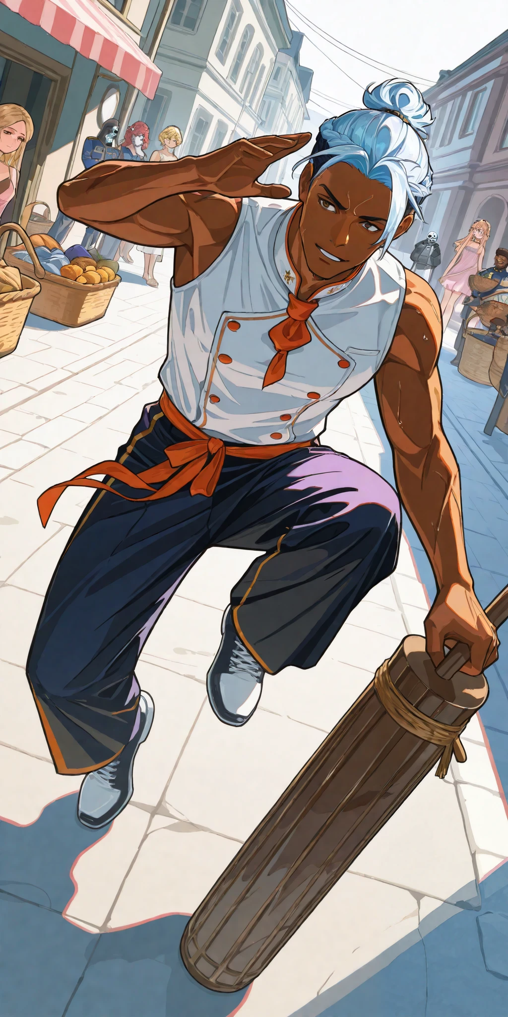1 garçon\((\(Street Fighter 4\)), (jeune), saut haut sur une planche à roulettes, main au bord de la casquette, yeux cachés par une casquette profondément tirée vers le bas,(casquette bleue avec (bord jaune:1.2)), cheveux longs tressés,noir lâche (Pantalon de Tai Chi Wudang),sans manches blanc (Chemise de Tai Chi Wudang), baskets,grand sourire narquois,,\), rue d'un marché de campagne de la vieille Chine, pose dynamique, mouvement dynamique, angle dynamique, scène d'action, mouvement flou, habitants vibrants de Hong Kong, réaliste,chef-d'œuvre, meilleure qualité, ligne de concentration dynamique
