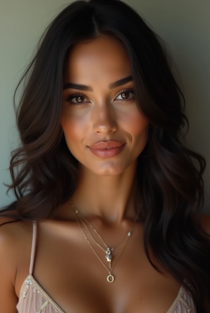 Very beautiful white woman with a tanned complexion, with brown eyes and long straight hair realistic (less smooth screwing)