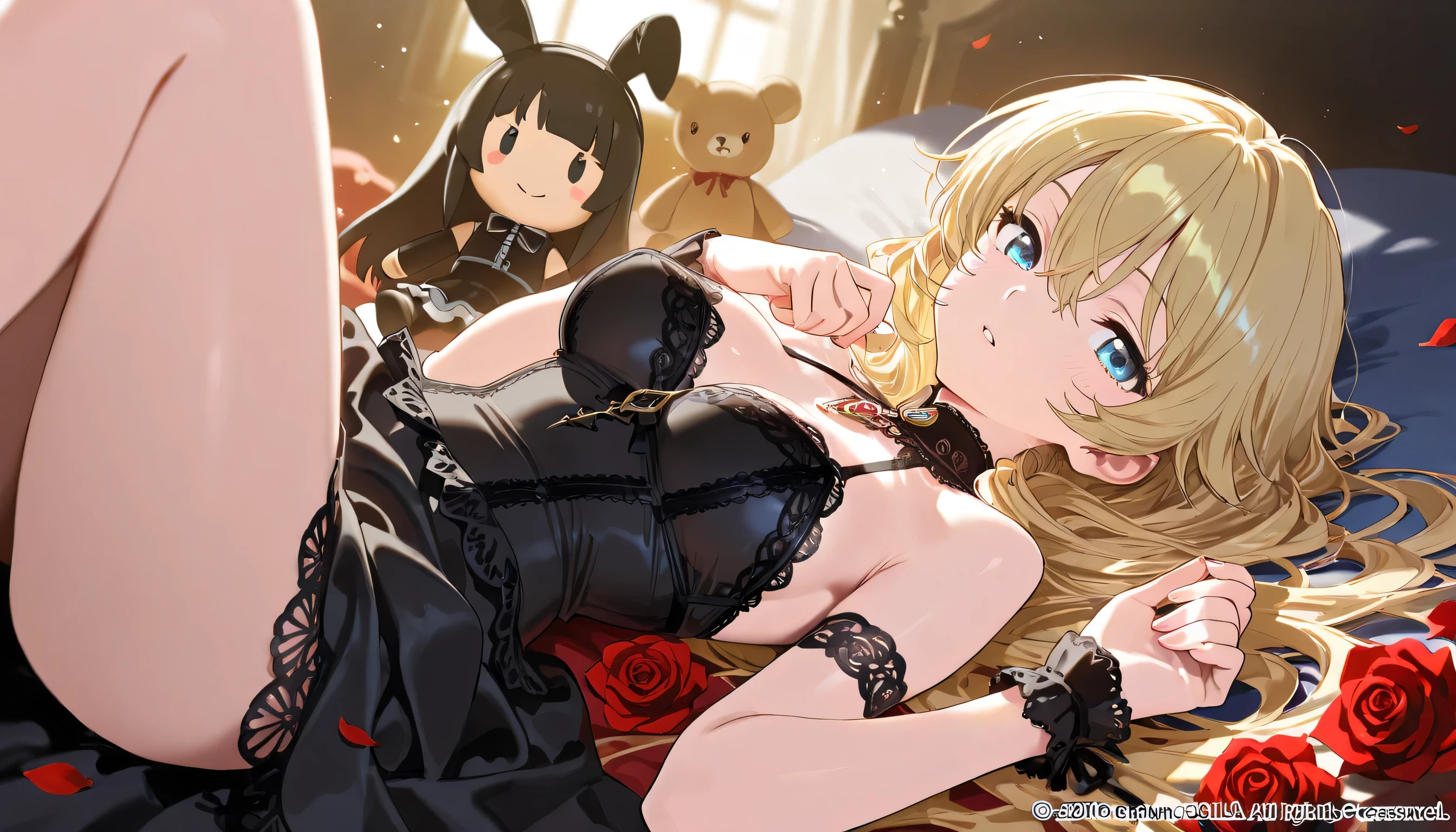 nsfw , Fate Testarossa , lyrical nanoha , (((highres official art))) , (((Anime Pinups))) , (((1girl))) , (((solo))) , (((blondehair))) , (((twintails))) , (((black ribbon))) , (((collar))) , (((bustier girdle corset))) , (((black lingerie))) , (((garter belt))) , (((stockings))) , (((Black High Heels))) , (((sit on bed))) , (((bedroom)))