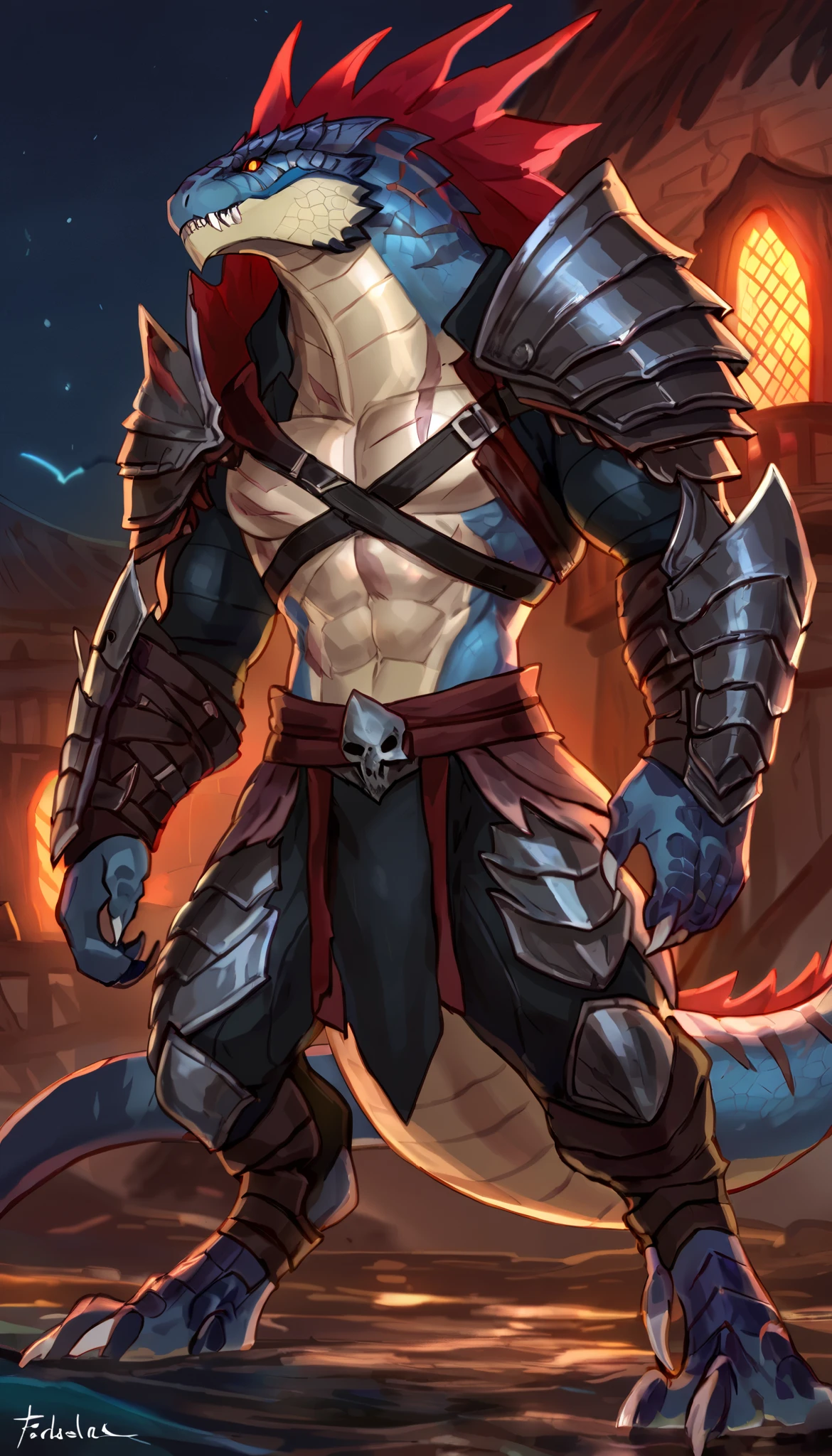 Muscular lizardfolk, solo, anthro lizard, detailed skin, strong, wearing demonic armor, metallic scales, scars on body, 1male solo, full bodysuit, anthro, muscular, big muscles, small waist, thick tail, marked jaw, armor on legs, full body, comicbook style, night time, ultra-detailed, best quality, 4k, ultra-detailed, by Buta99, by laobai, by taran fiddler, horror, pirate port scenery, night